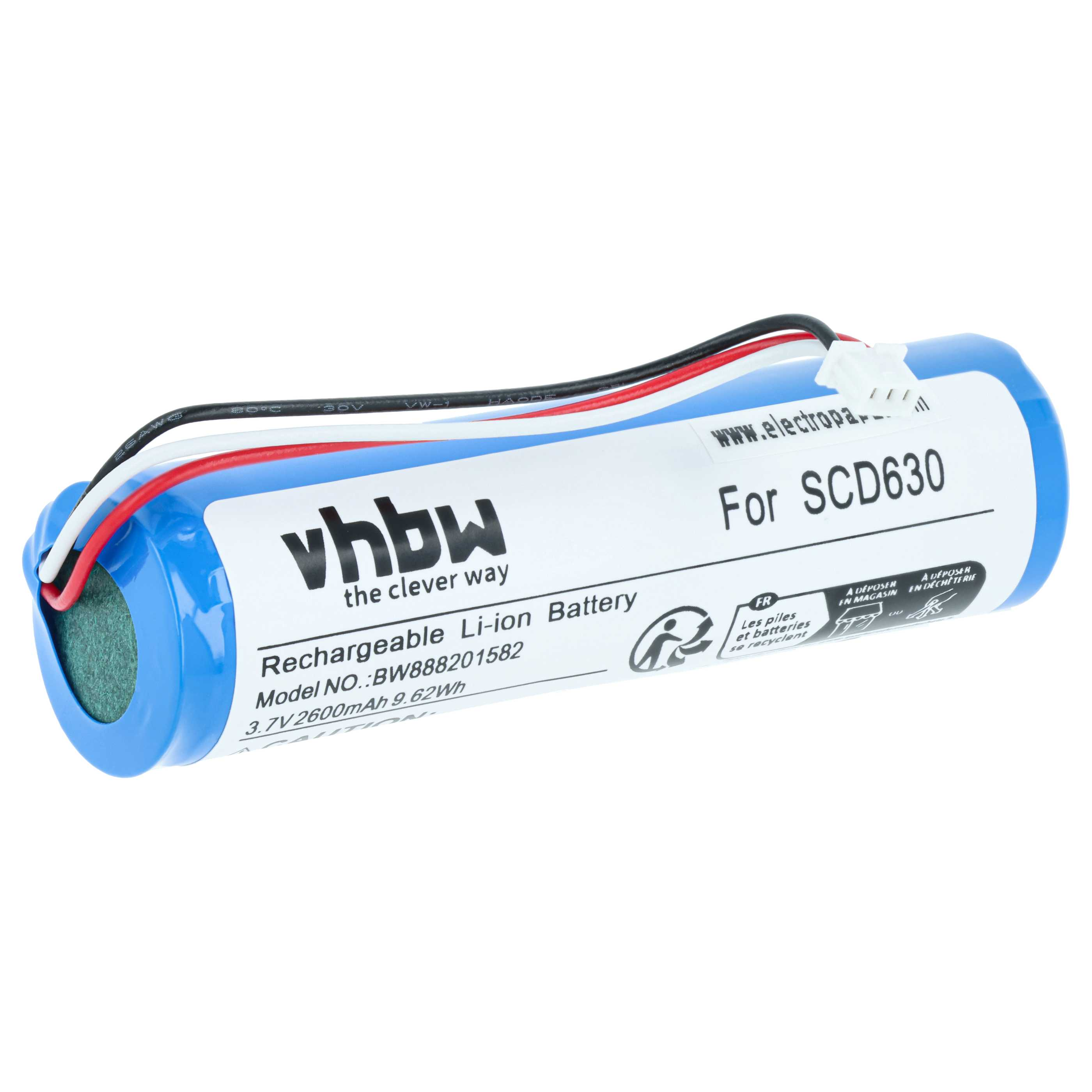 Blauer Li-Ion Akku für SCD630 mit Kabeln und Anschlüssen.