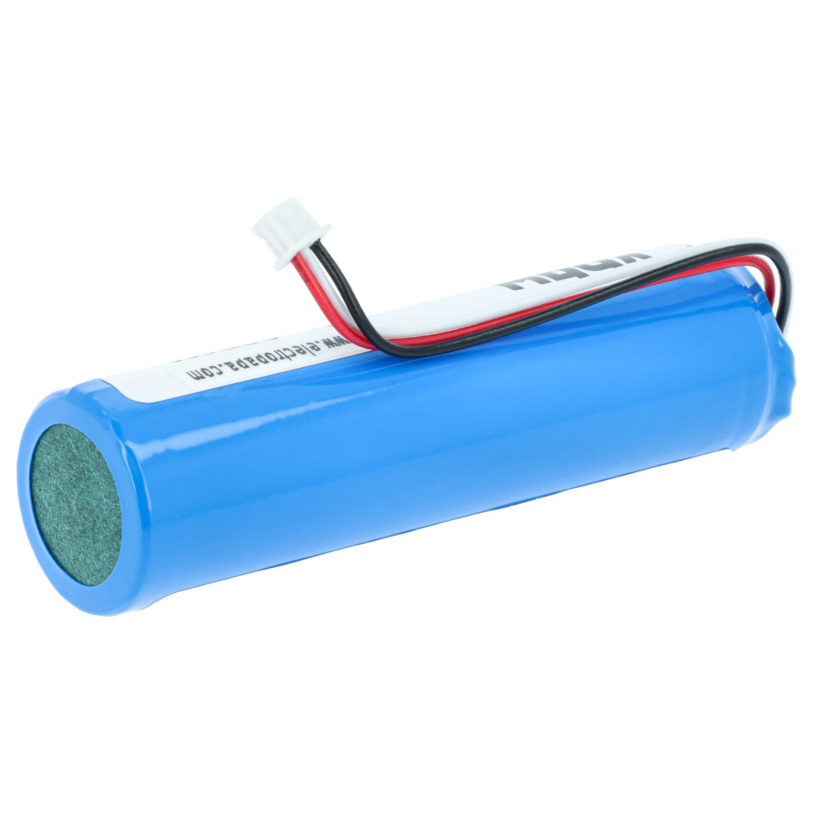 Eine blaue Batterie mit weißen und schwarzen Kabeln.