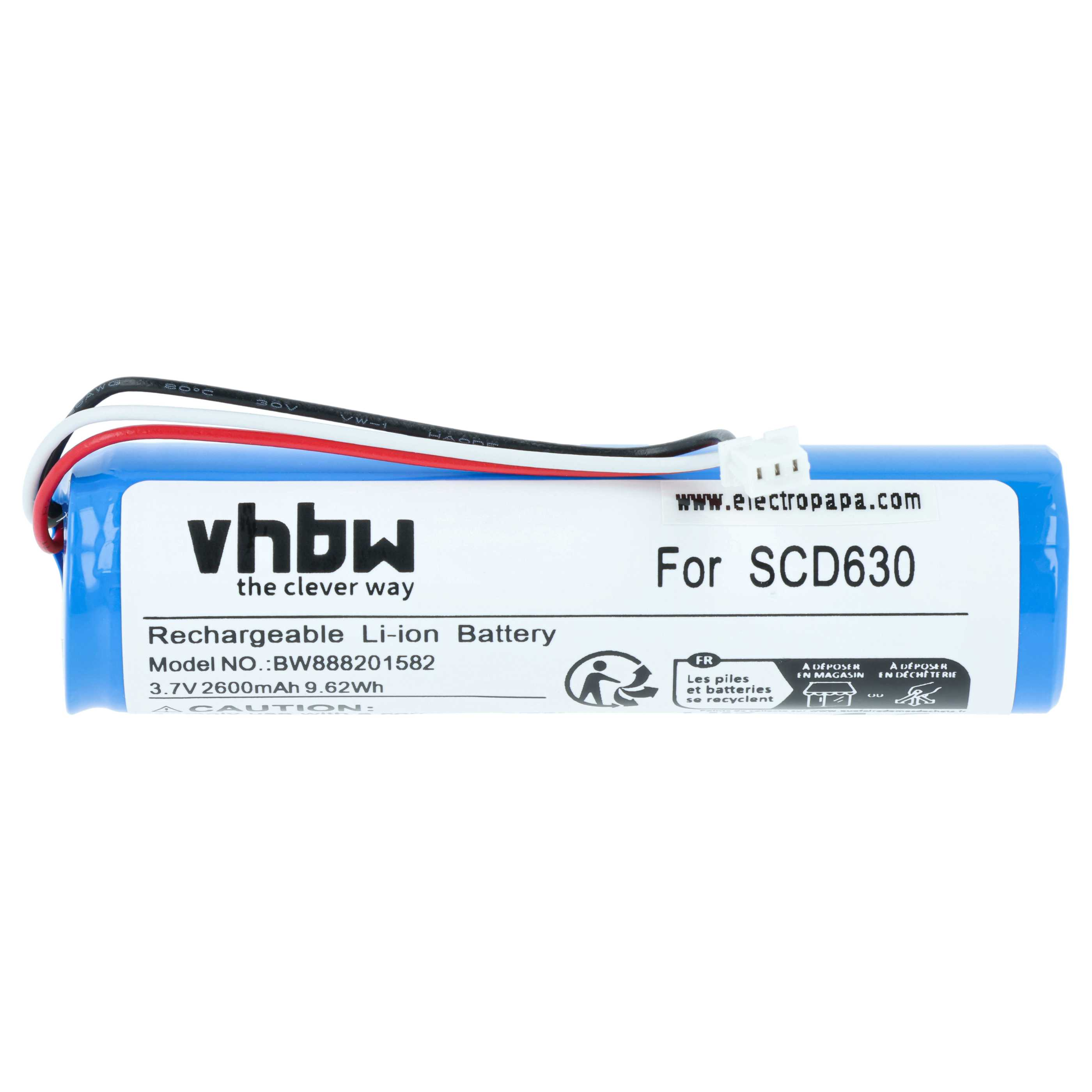 Ein blaues Li-Ion Akku für SCD630 mit Kabeln und Aufschriften.