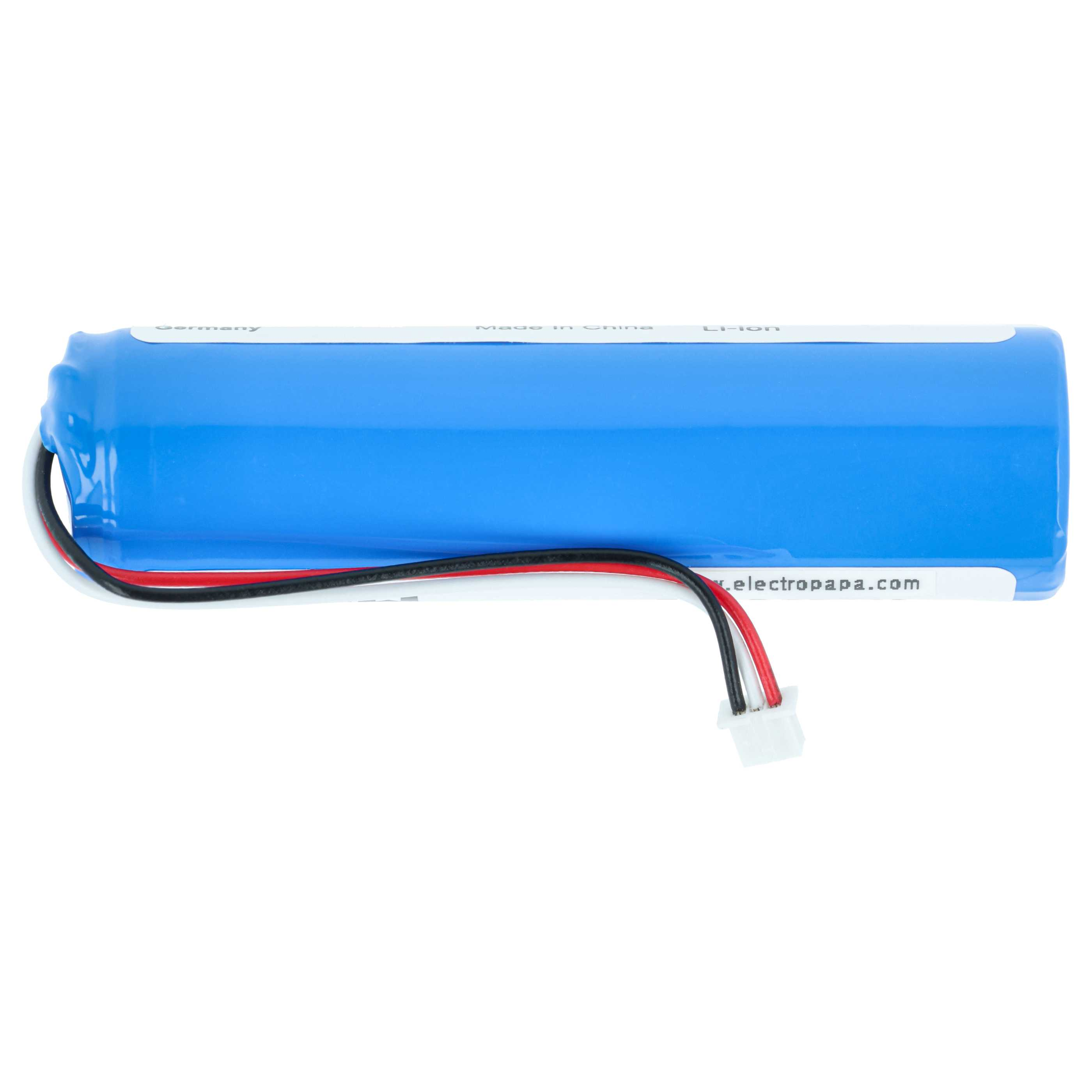 Blaue Li-Ion-Batterie mit Kabeln und weißem Stecker.
