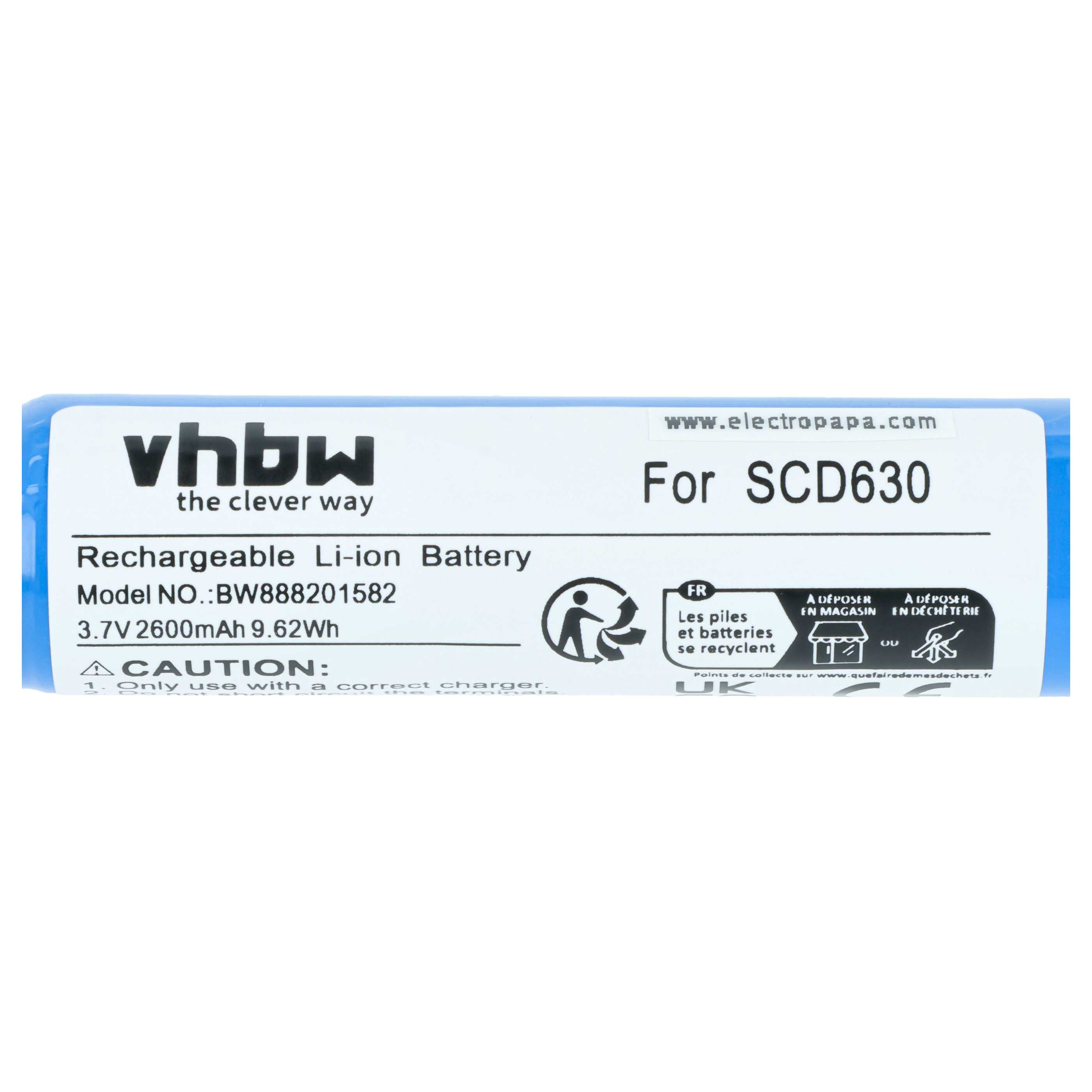 VHBW Li-Ion Akku für SCD630, 3.7V 2600mAh, mit Ladehinweis.