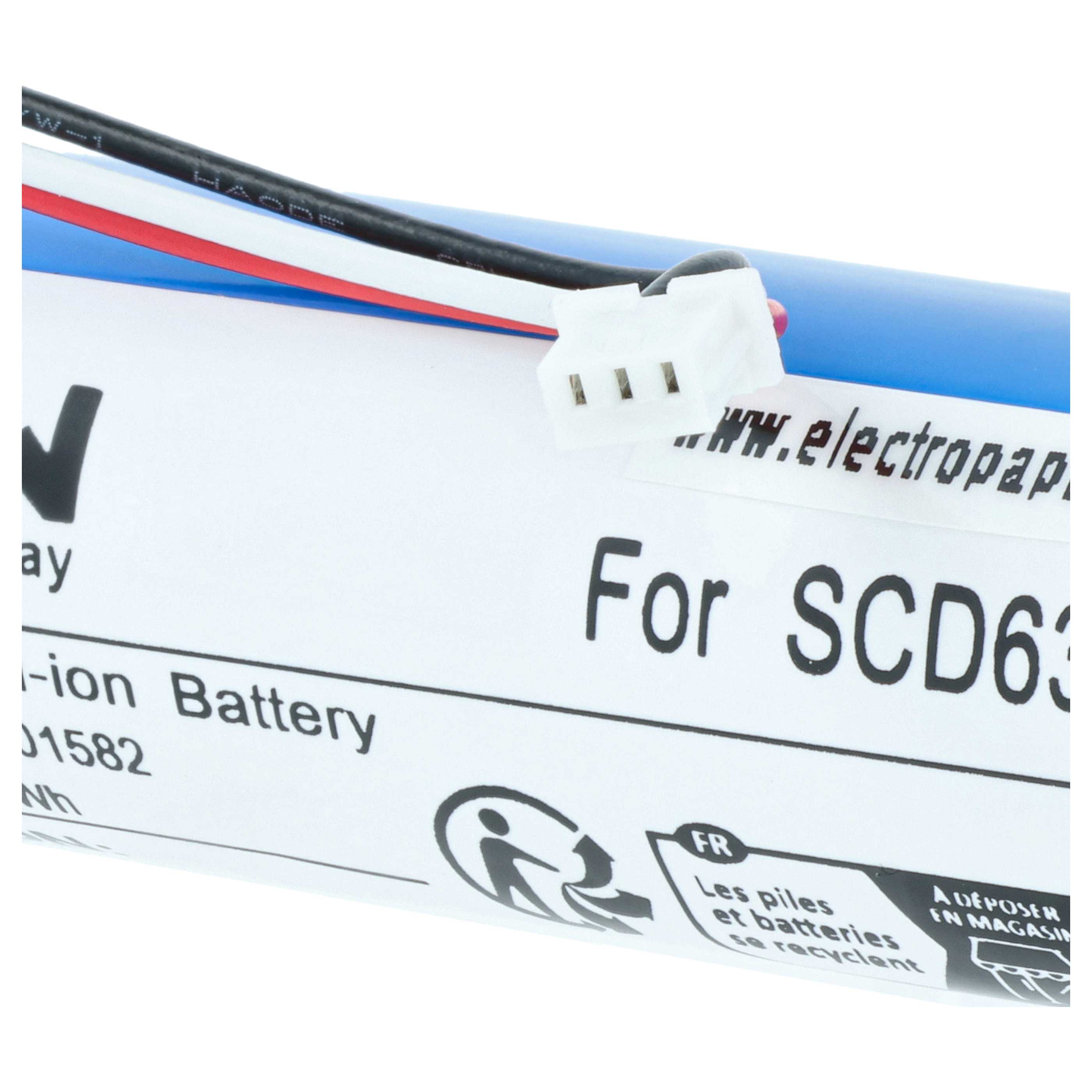 Eine Lithium-Ionen-Batterie für SCD63 mit Kabeln und einem weißen Anschluss.