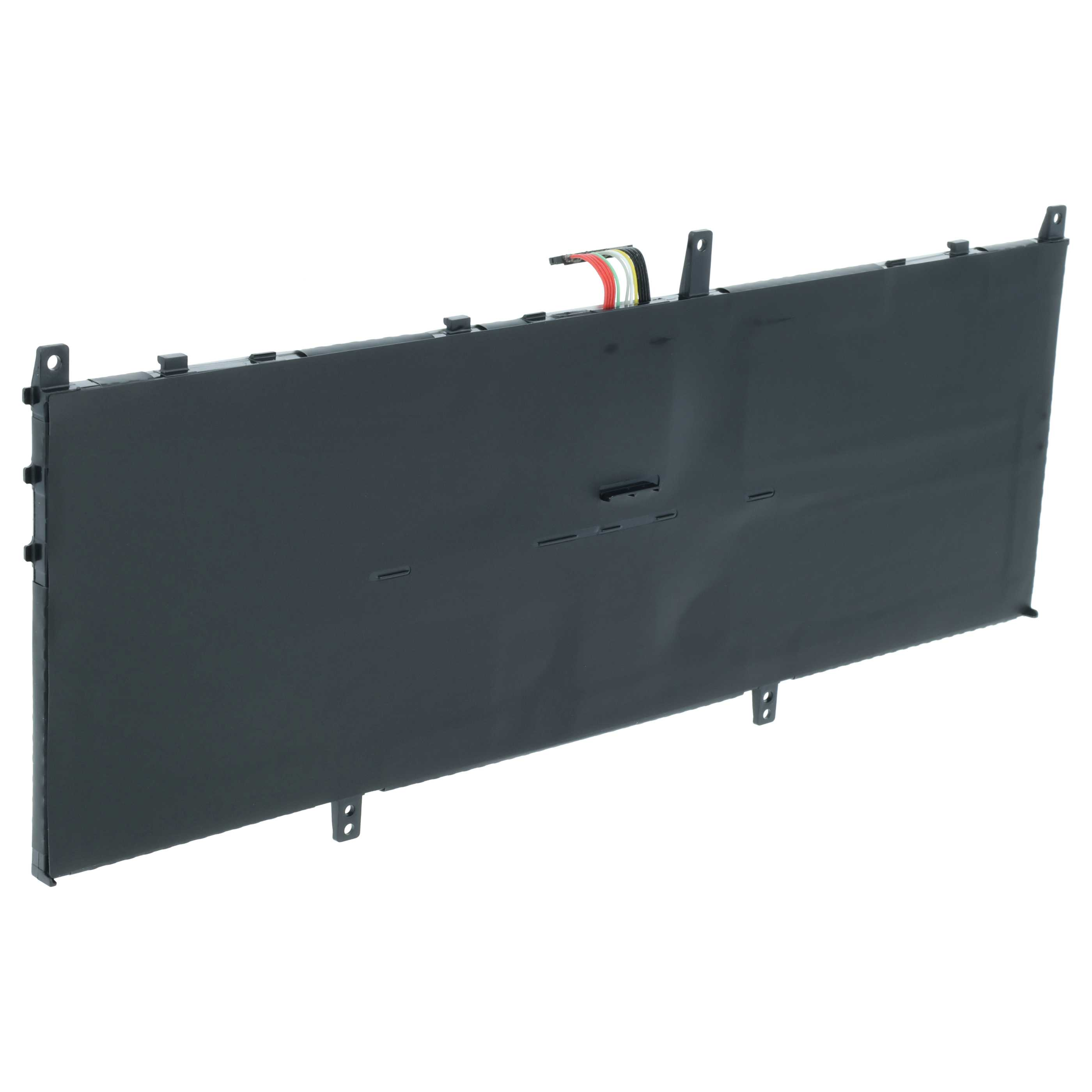 Ein flaches, rechteckiges schwarzes Laptop-Akku-Pack mit Kabeln.
