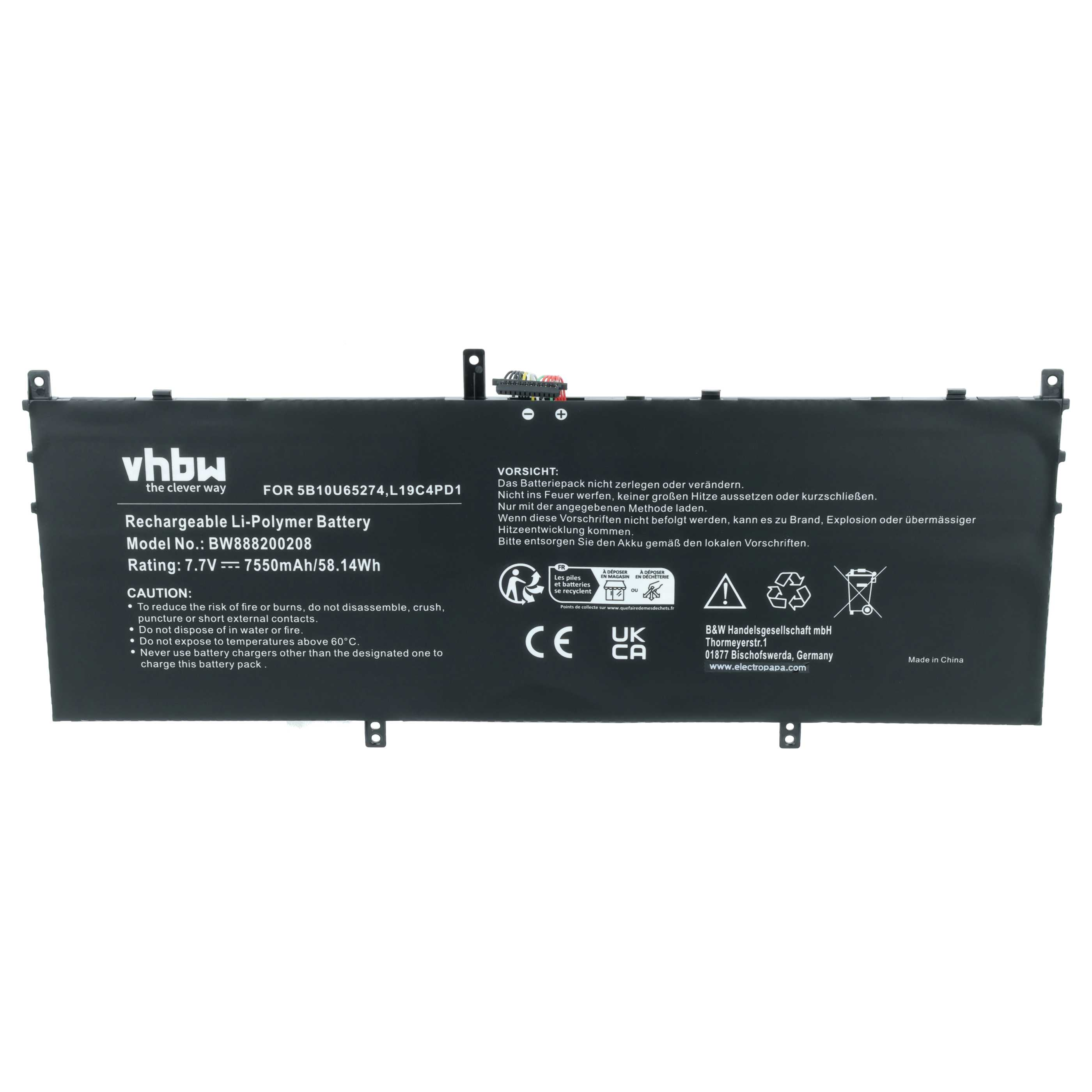 Schwarzer Li-Polymer-Akku von vhbw, 7.7V, 7550mAh. Mit Warnhinweisen.