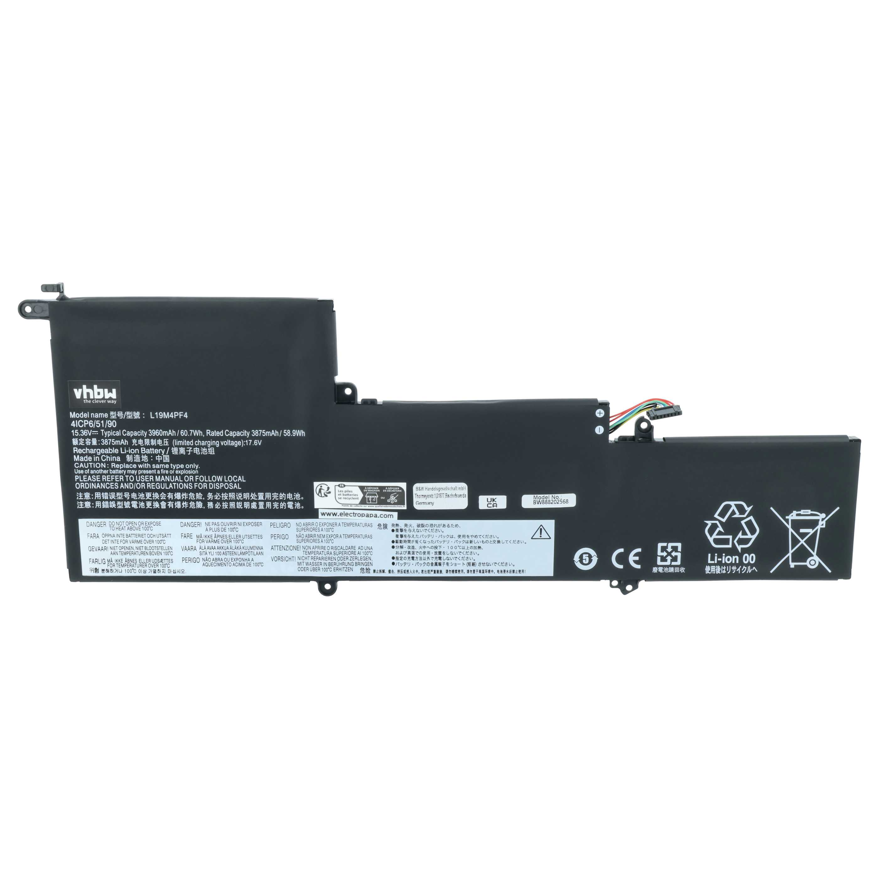 Schwarzer Laptop-Akku mit Kabeln, Beschriftung und Warnsymbolen.