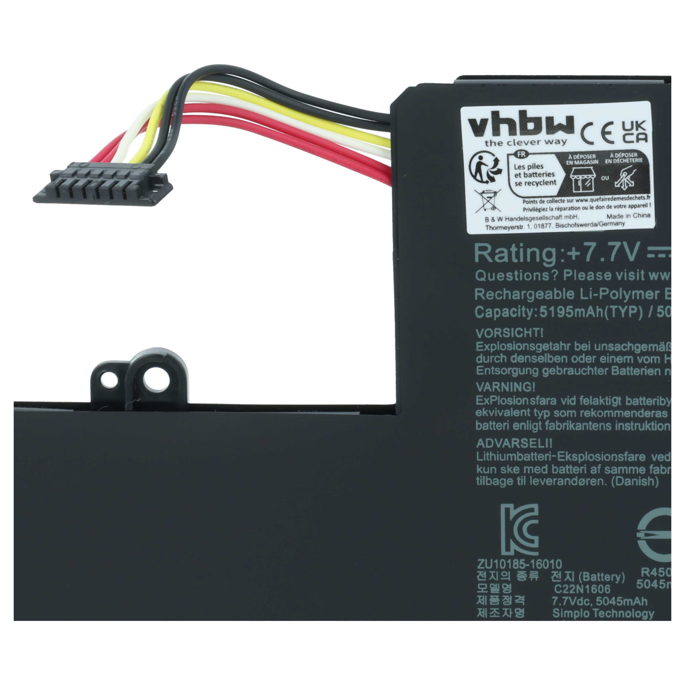 Ein schwarzer Laptop-Akku mit Kabeln und Warnhinweisen. 7,7V, 5195mAh.