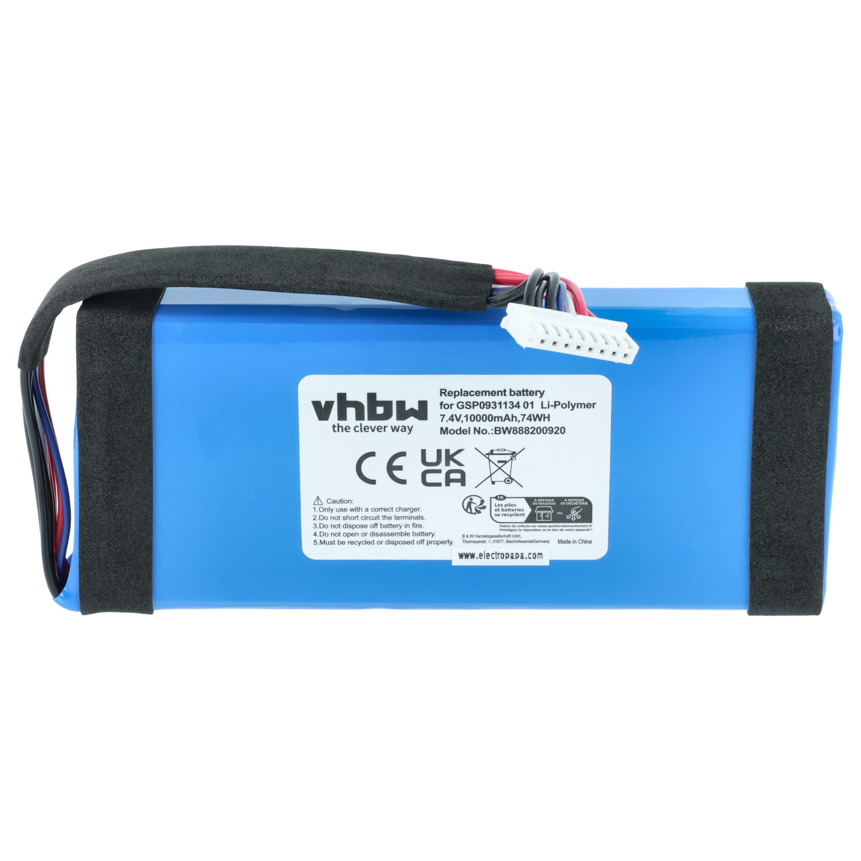 Blauer Li-Polymer Akku mit Kabeln und Aufkleber: 7,4V, 10000mAh, 74WH.