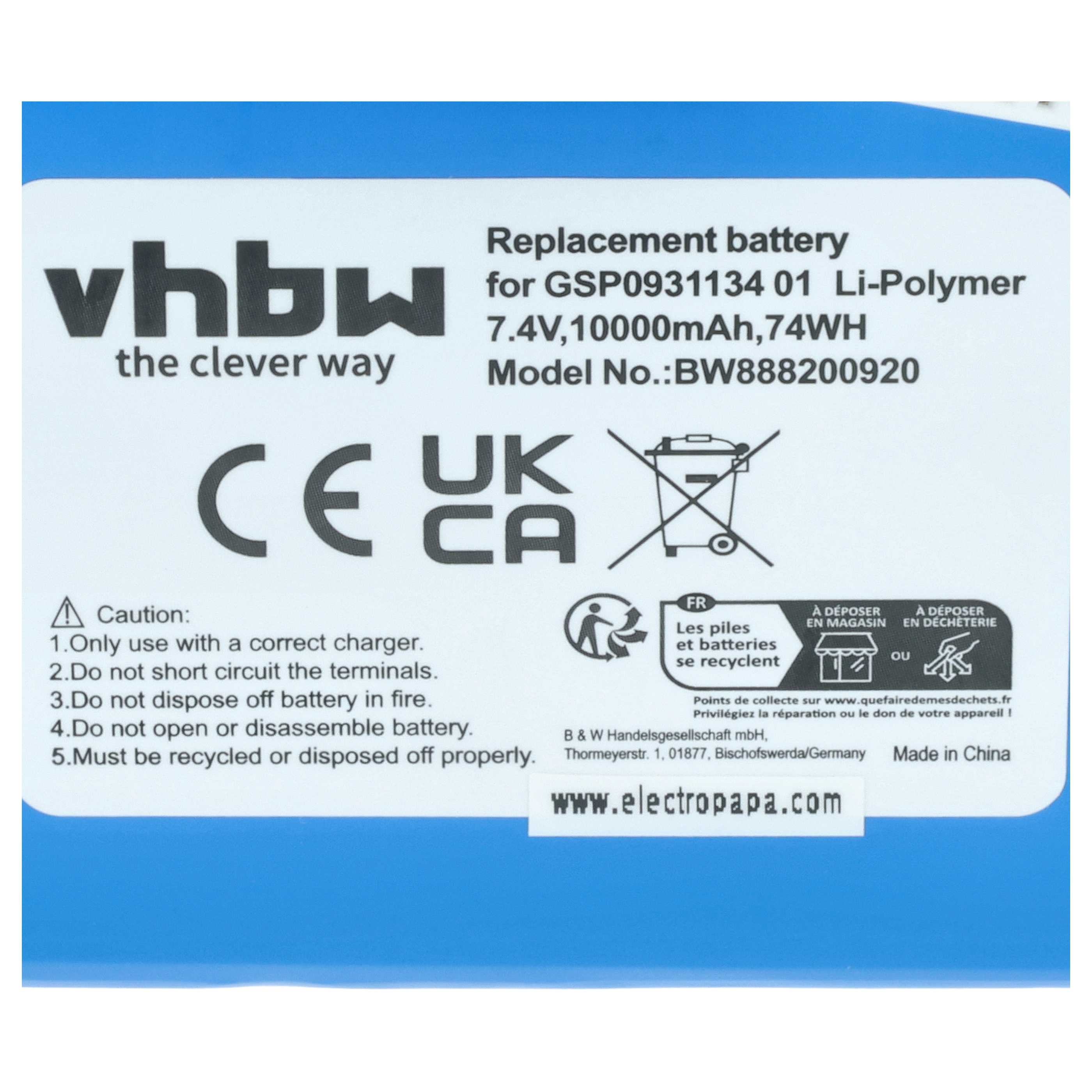 Ersatzakku für GSP093113401, 7,4V, 10000mAh, 74WH. Mit CE/UK CA Siegel.