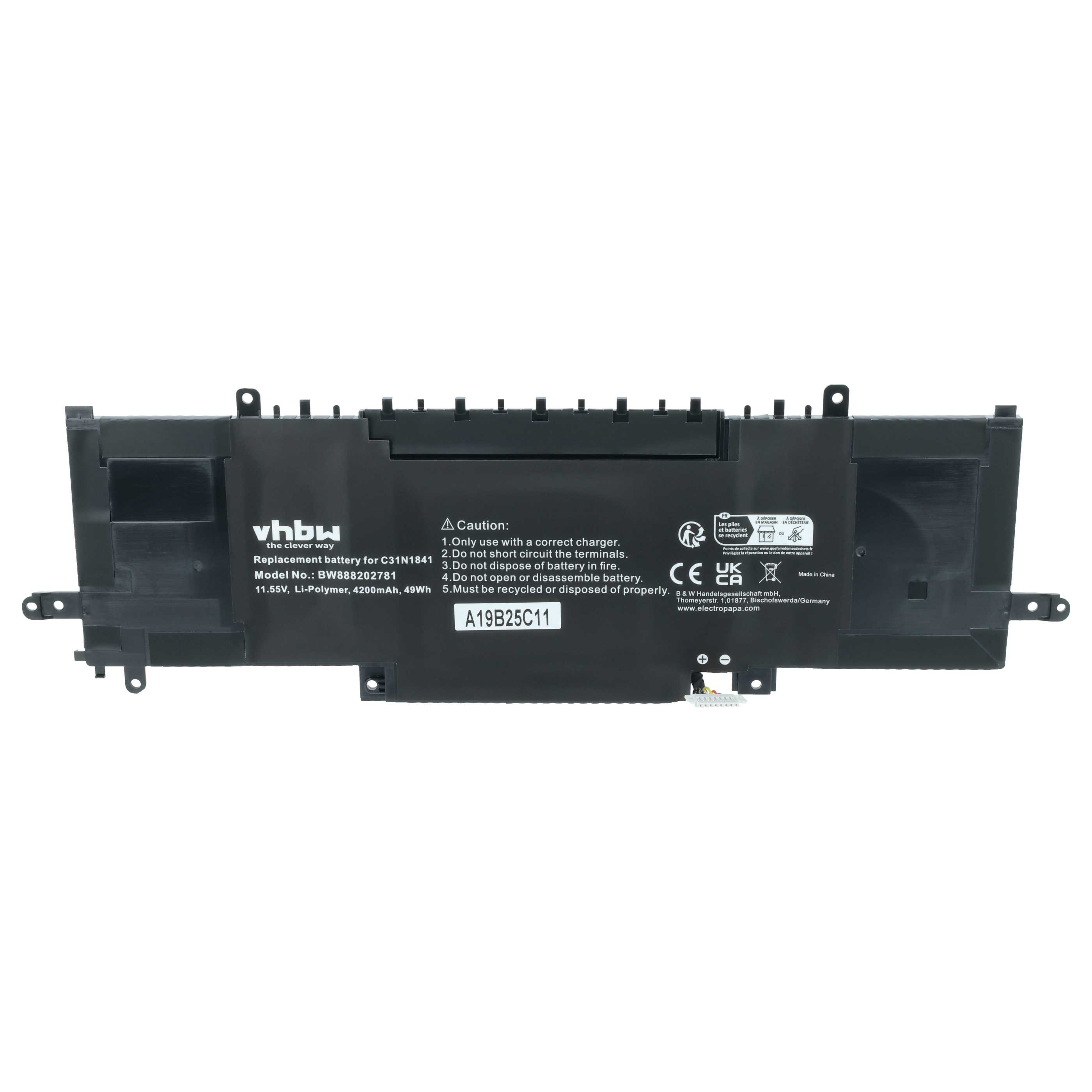 Schwarzer Laptop-Akku mit Warnhinweisen und Modellnummer A19B25C11.