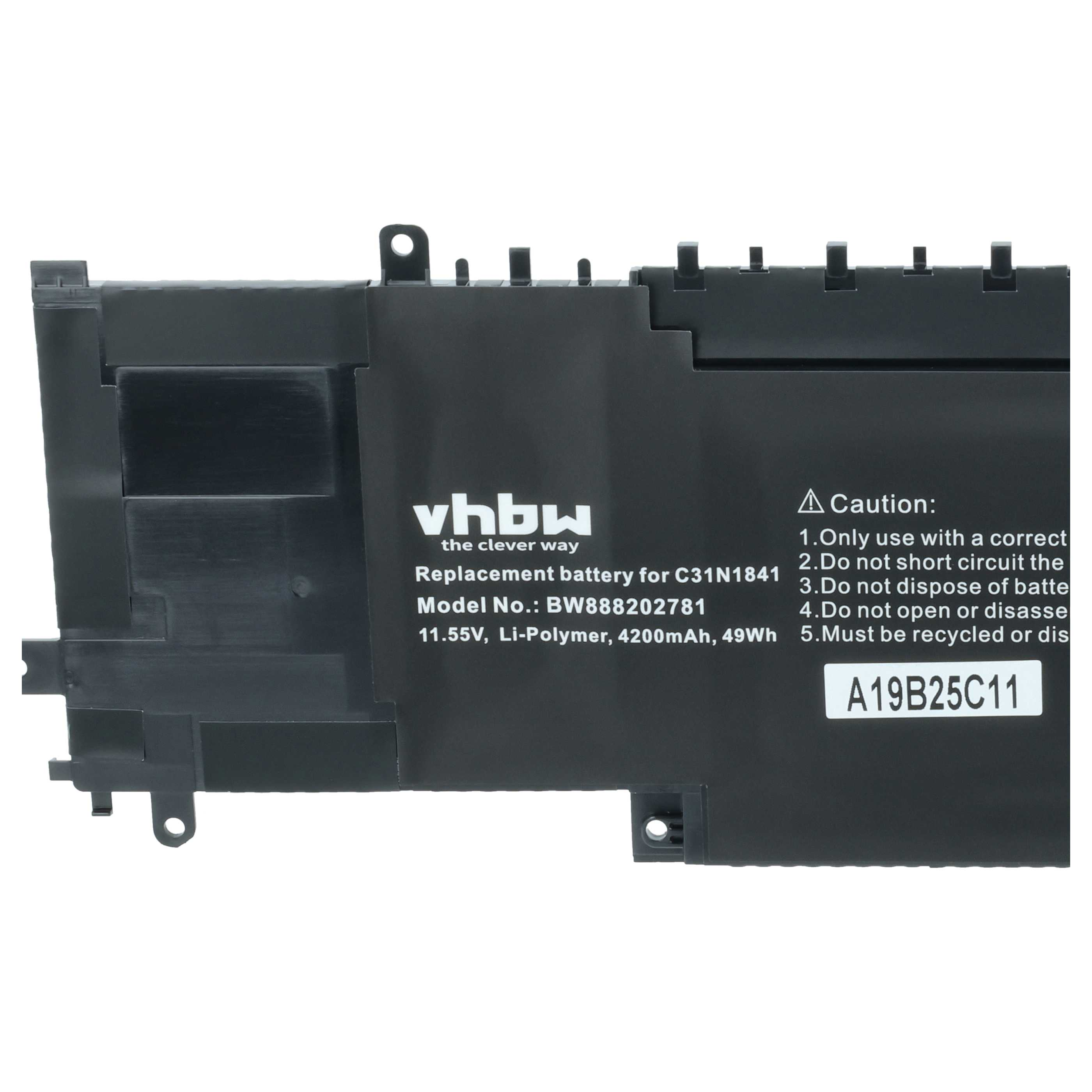 Schwarzer Laptop-Akku mit Aufschriften, Modell BW888202781, A19B25C11.
