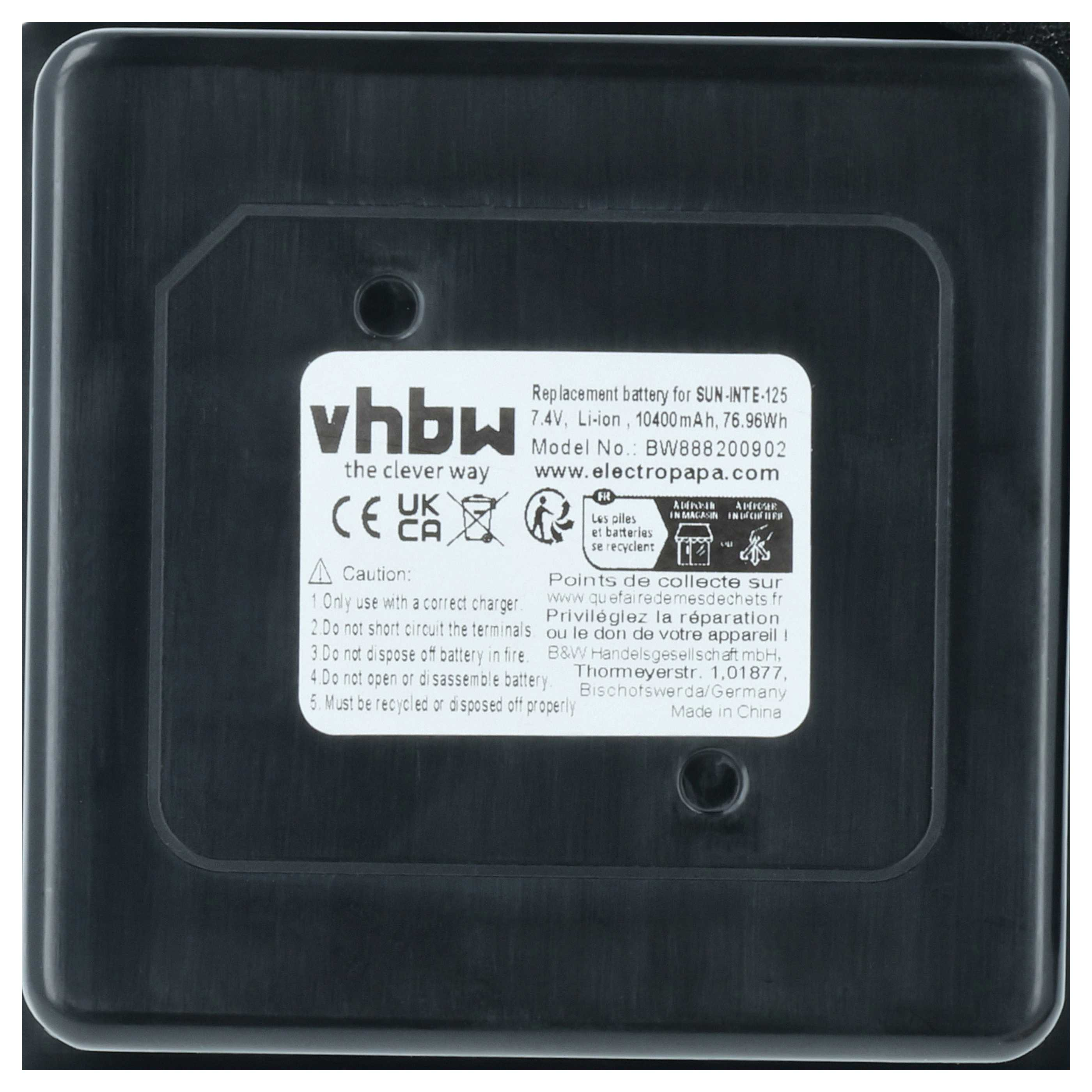 Schwarze Batterie mit Aufkleber: vhbw, 7.4V Li-ion, 10400mAh.