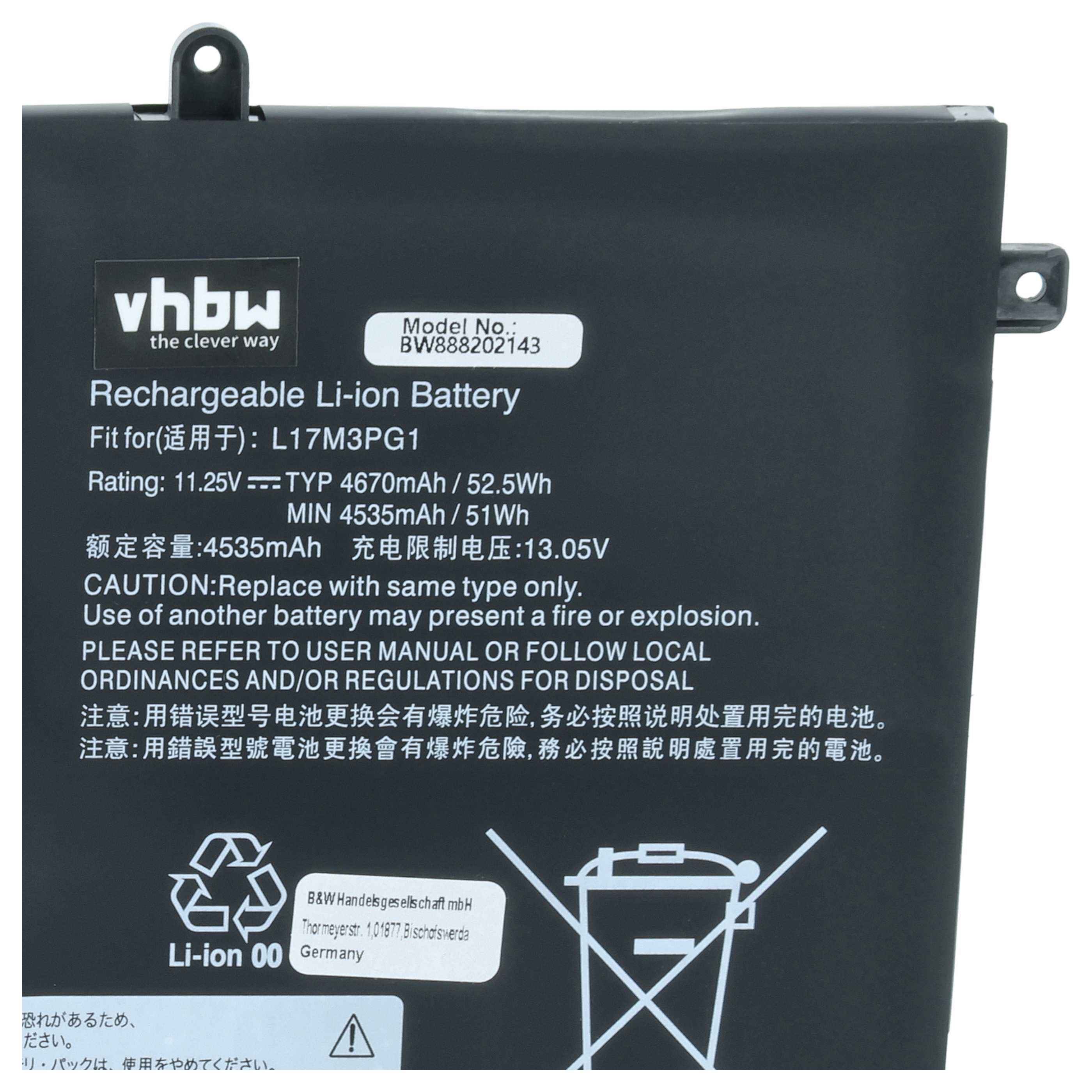 Schwarzer Li-Ion Akku mit Aufschriften: vhbw, L17M3PG1, 11.25V, 4670mAh.