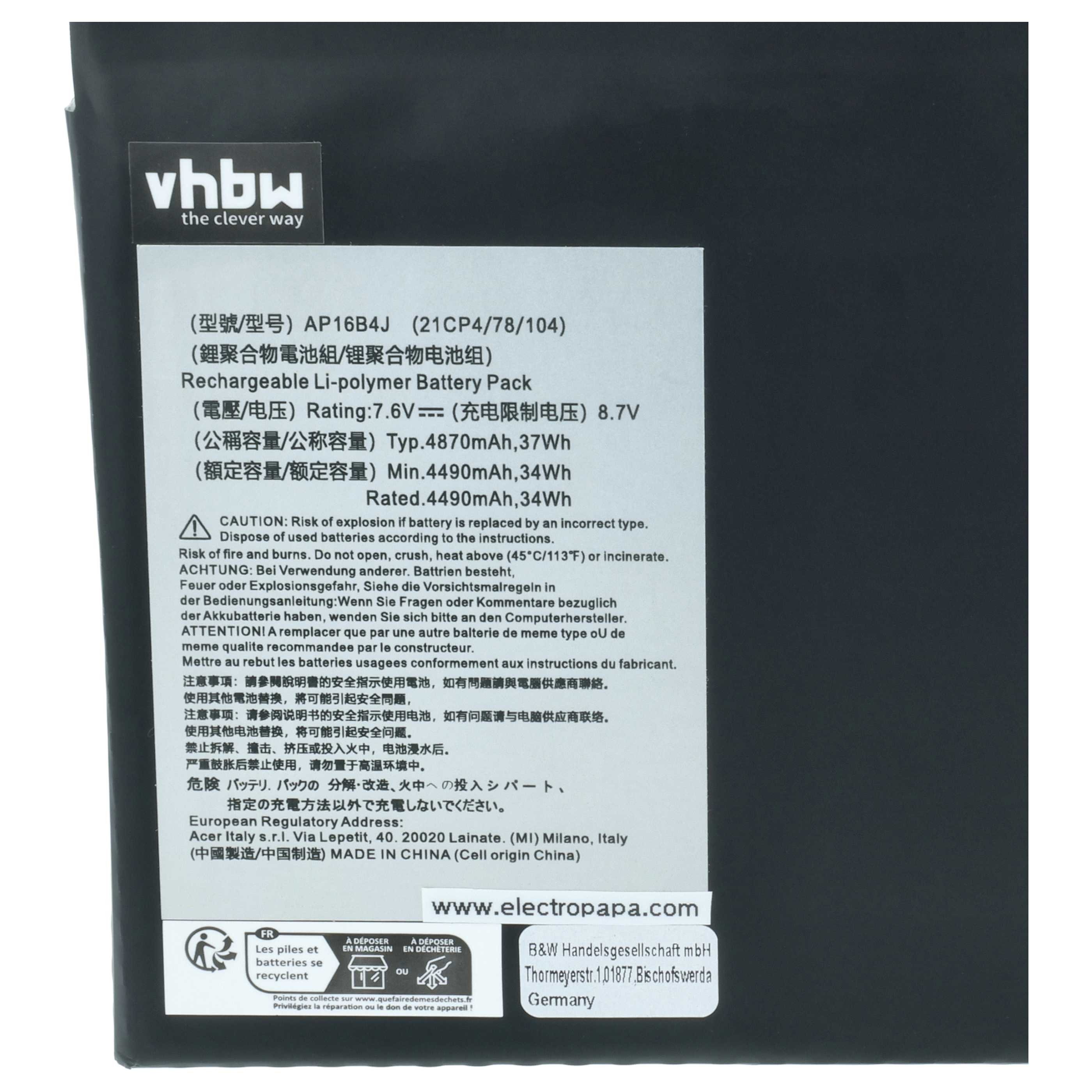 vhbw Akku AP16B4J, 7.6V, 4870mAh, Li-Polymer, mit Warnhinweisen.