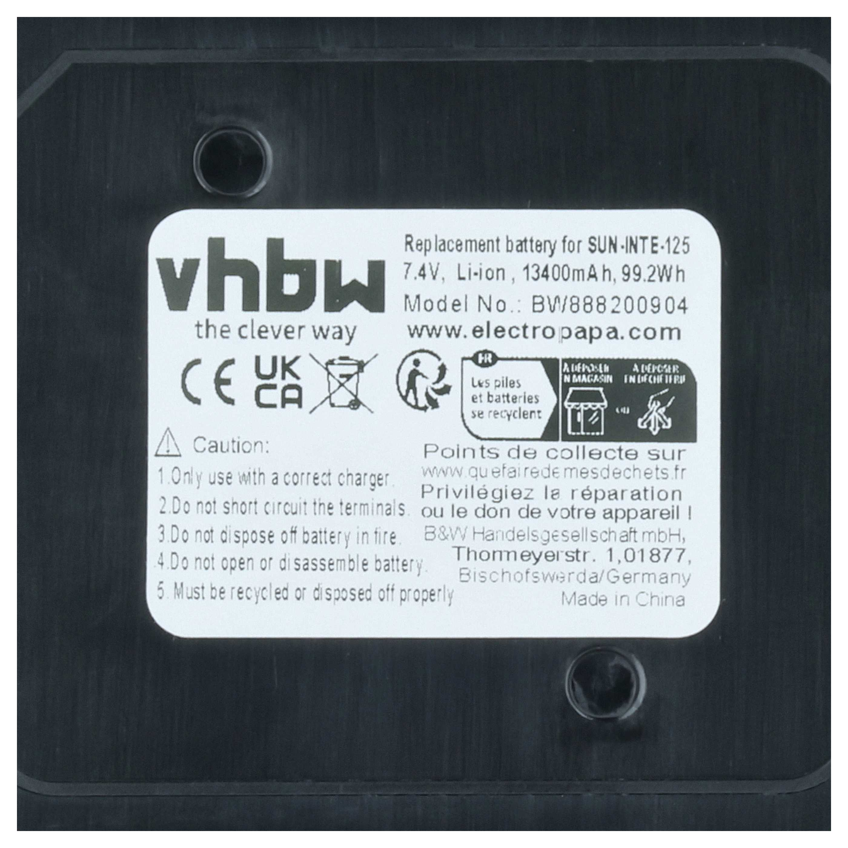 Ersatzakku mit VHBW-Logo, CE- und UKCA-Siegeln, Warnhinweisen und Recycling-Symbolen.