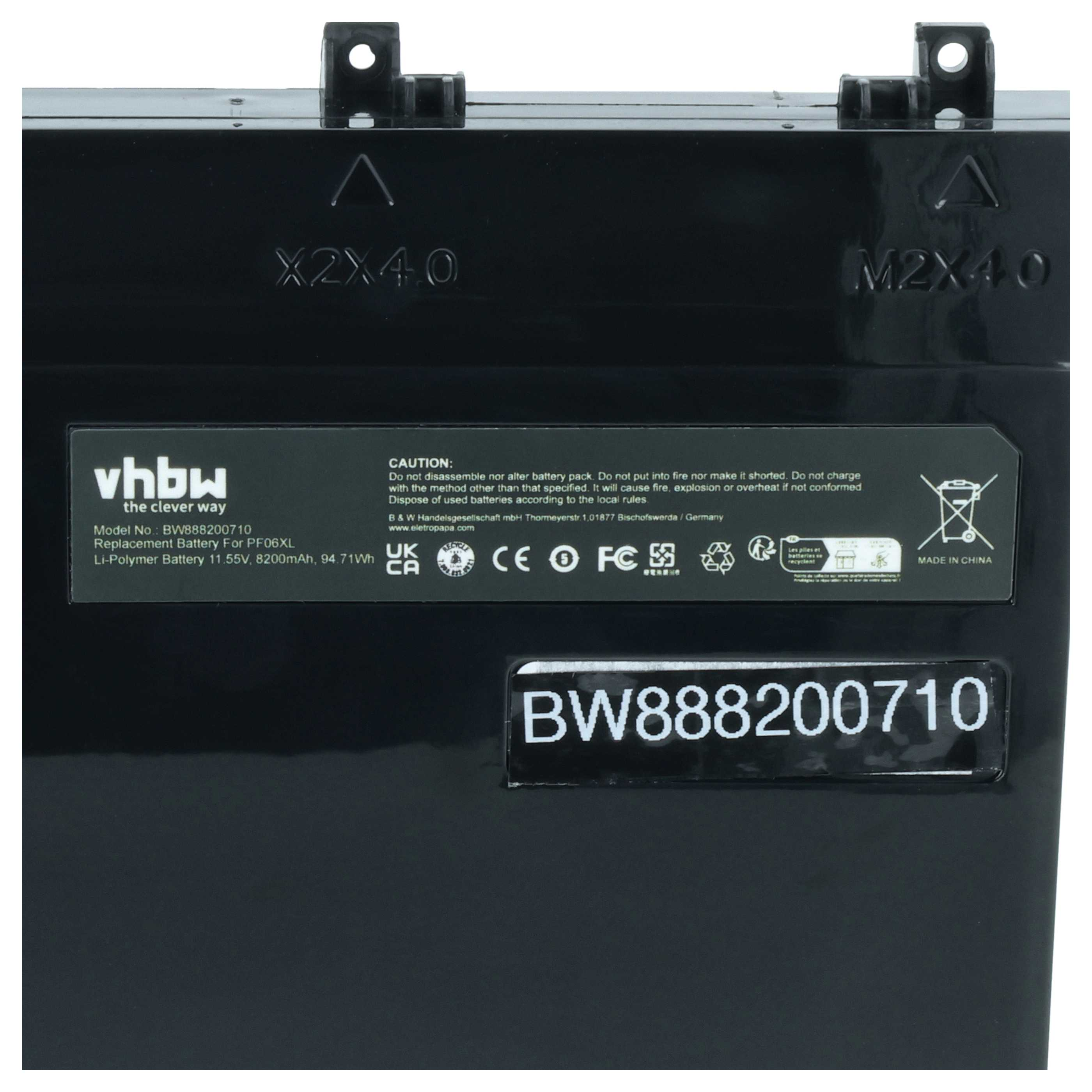 Schwarzer Akku mit Aufklebern: VHBW, Modell BW888200710, 11.55V.