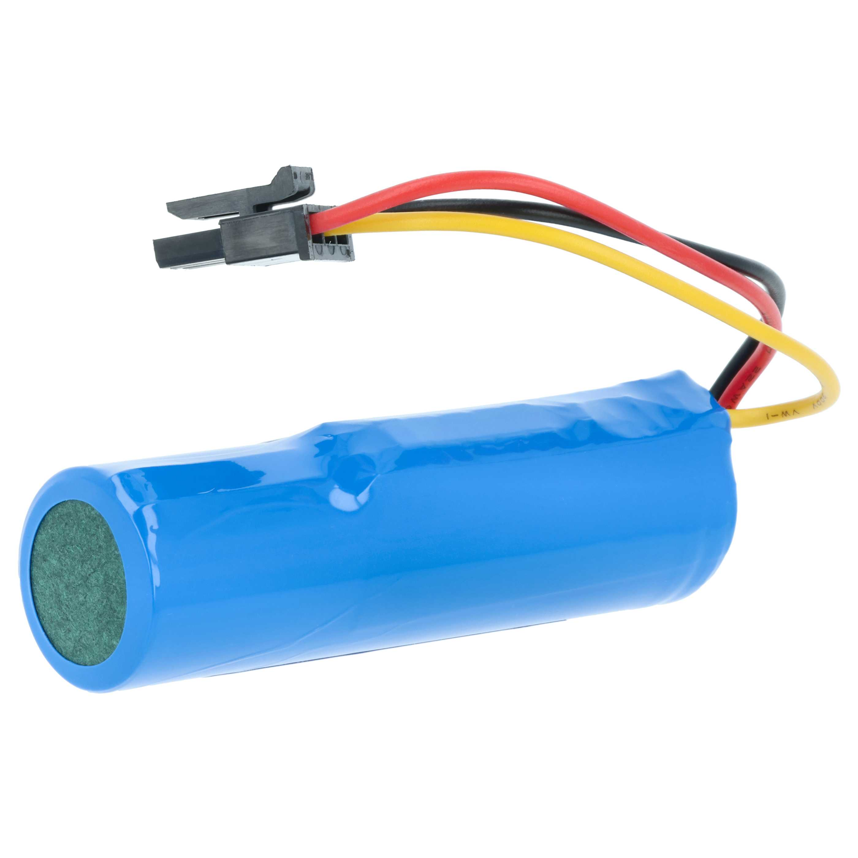 Ein blaues Akkupack mit roten, gelben und schwarzen Kabeln und einem Stecker.