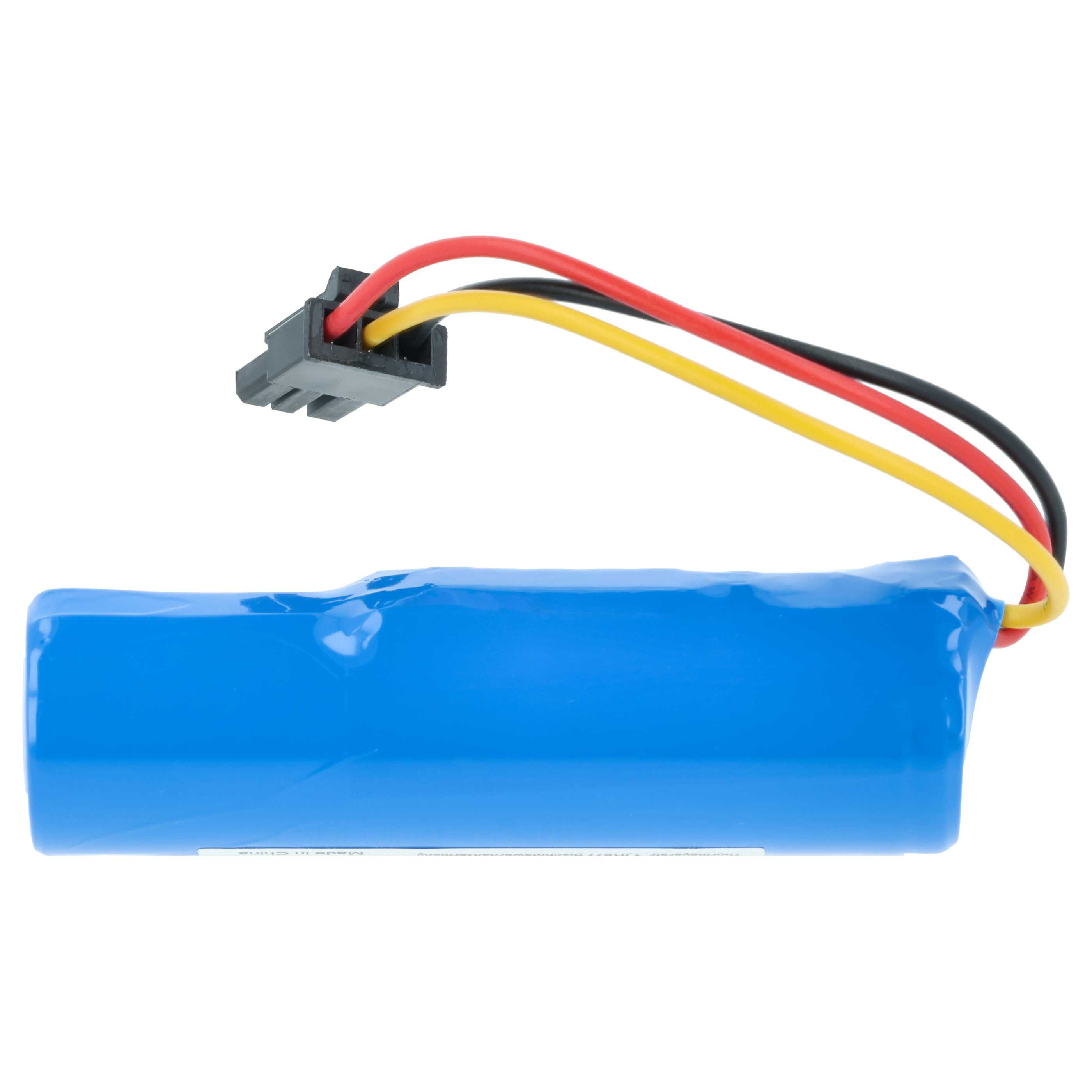 Ein blauer Akku mit drei Kabeln (rot, gelb, schwarz) und einem Stecker.