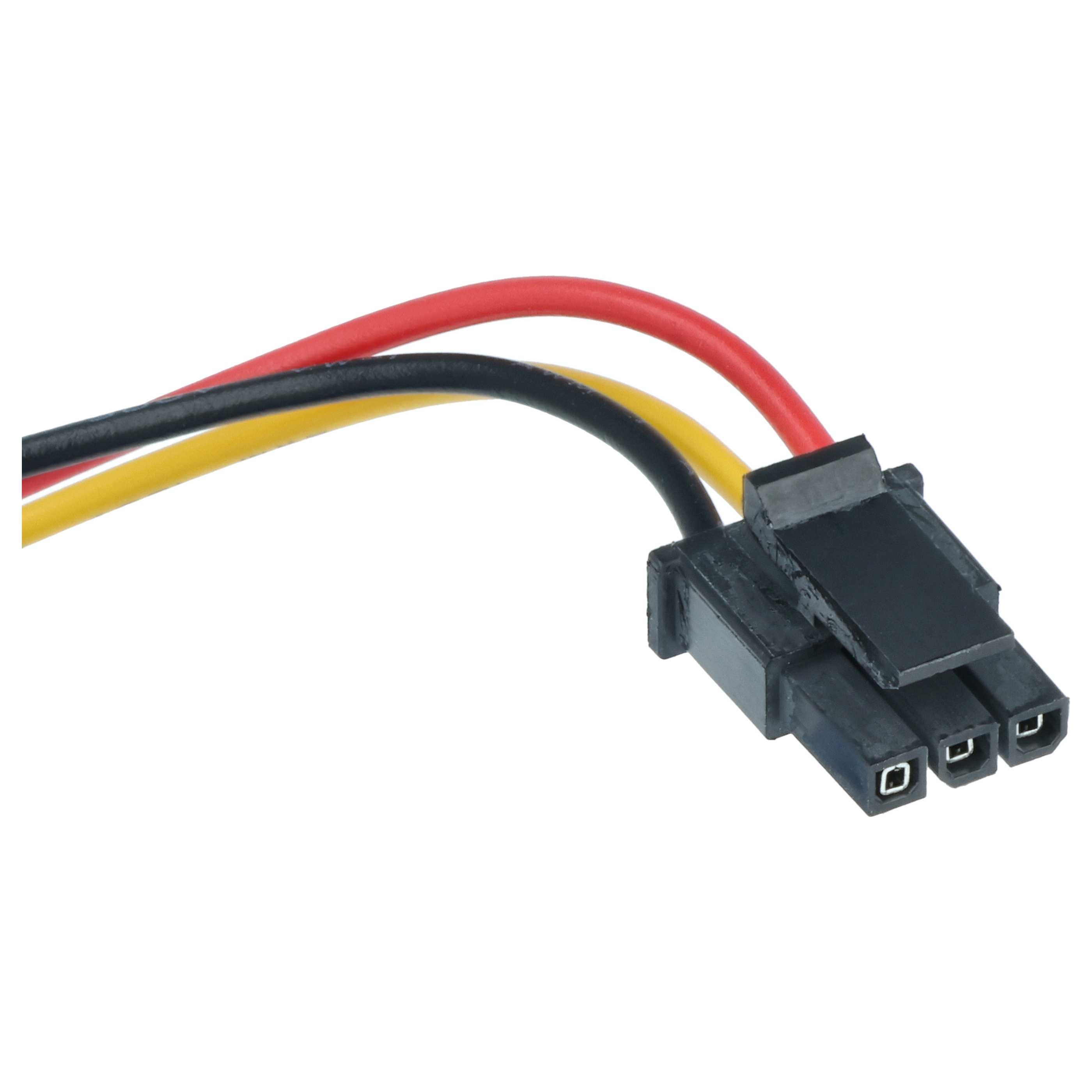 Ein schwarzer Stecker mit drei Pins, verbunden mit roten, schwarzen und gelben Kabeln.