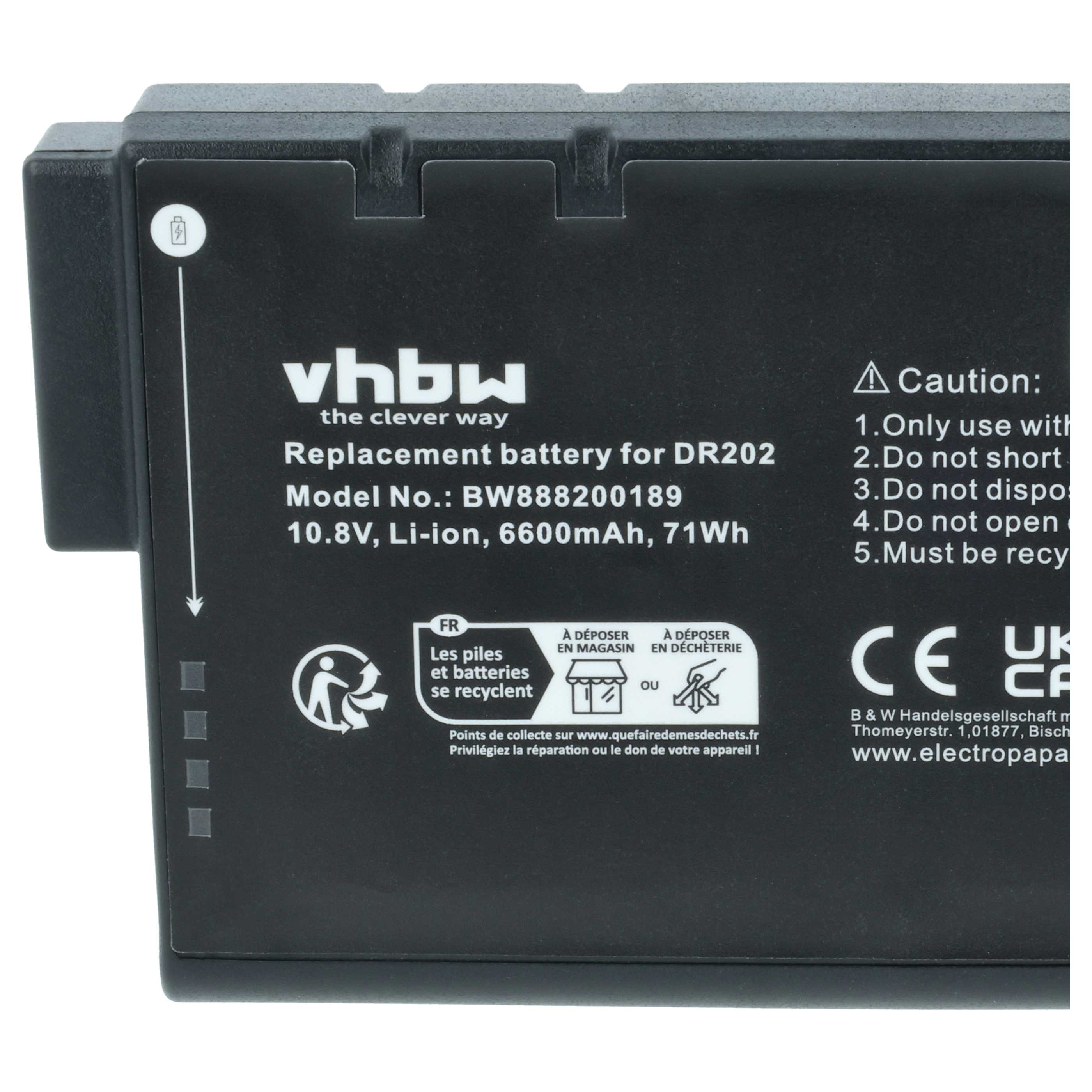 Schwarzer Akku mit Beschriftung: vhbw, Modell BW888200189, 10.8V, 6600mAh.