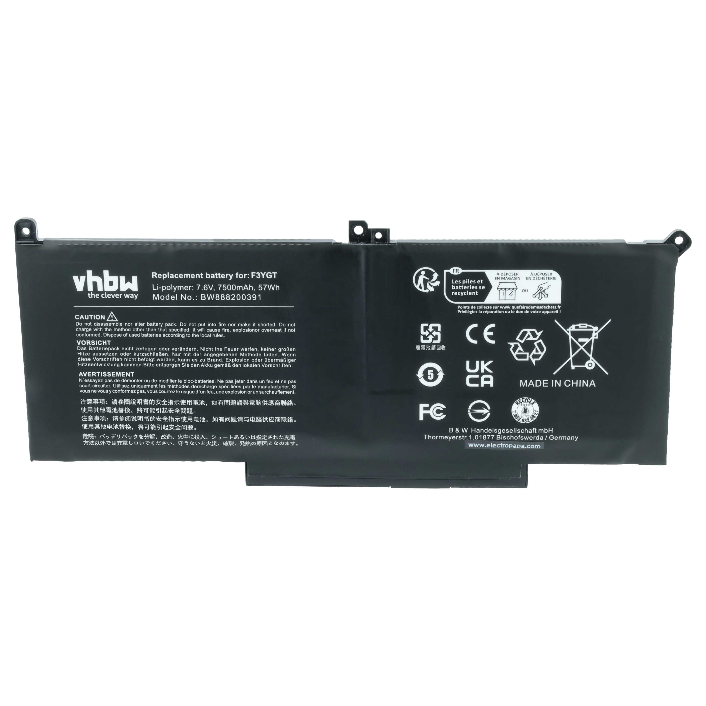Schwarzer Ersatzakku für F3YGT, Li-Polymer, 7.6V, 7500mAh, 57Wh.