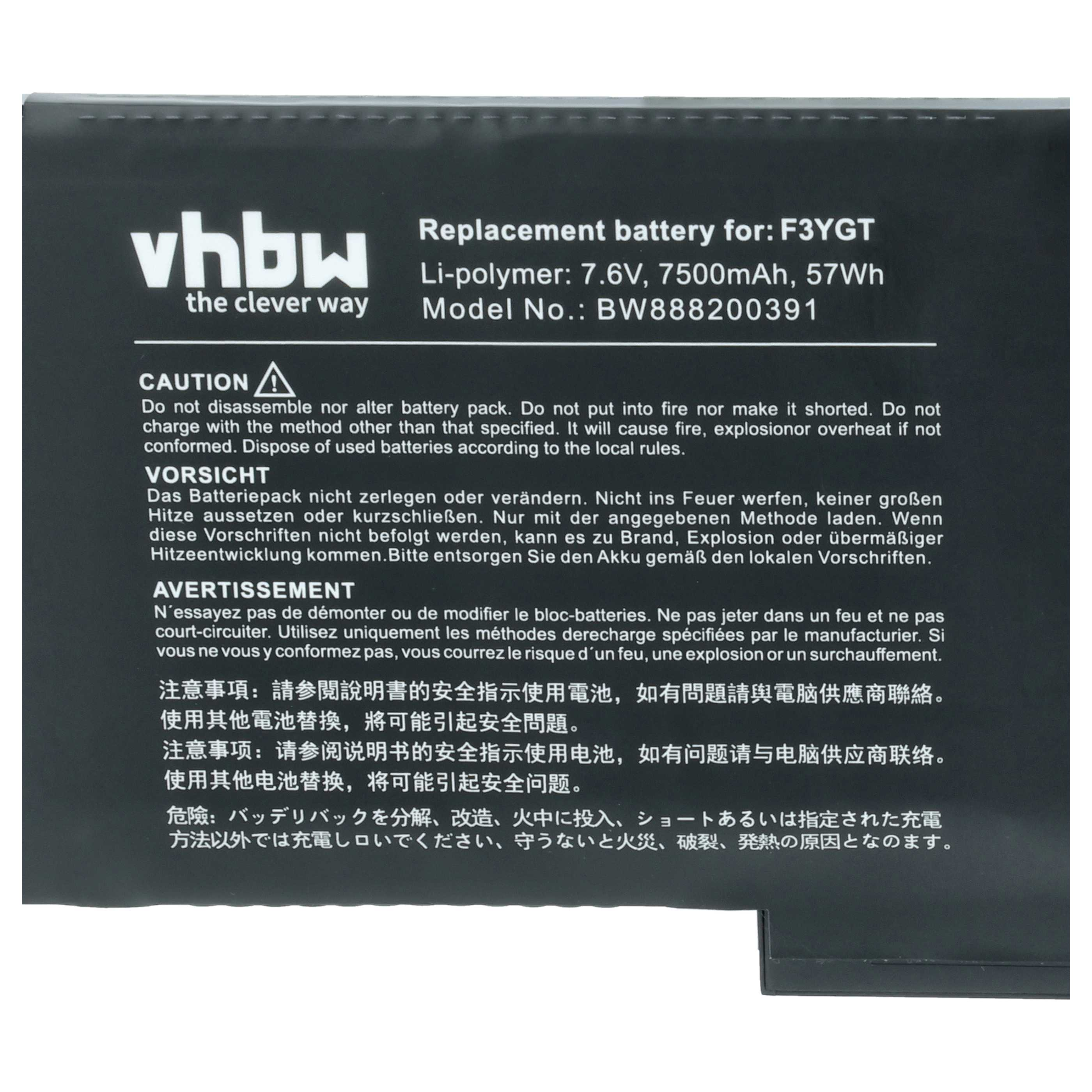 Ersatzakku F3YGT, 7.6V, 7500mAh, 57Wh. Warnungen auf Deutsch, Französisch, Chinesisch, Japanisch.