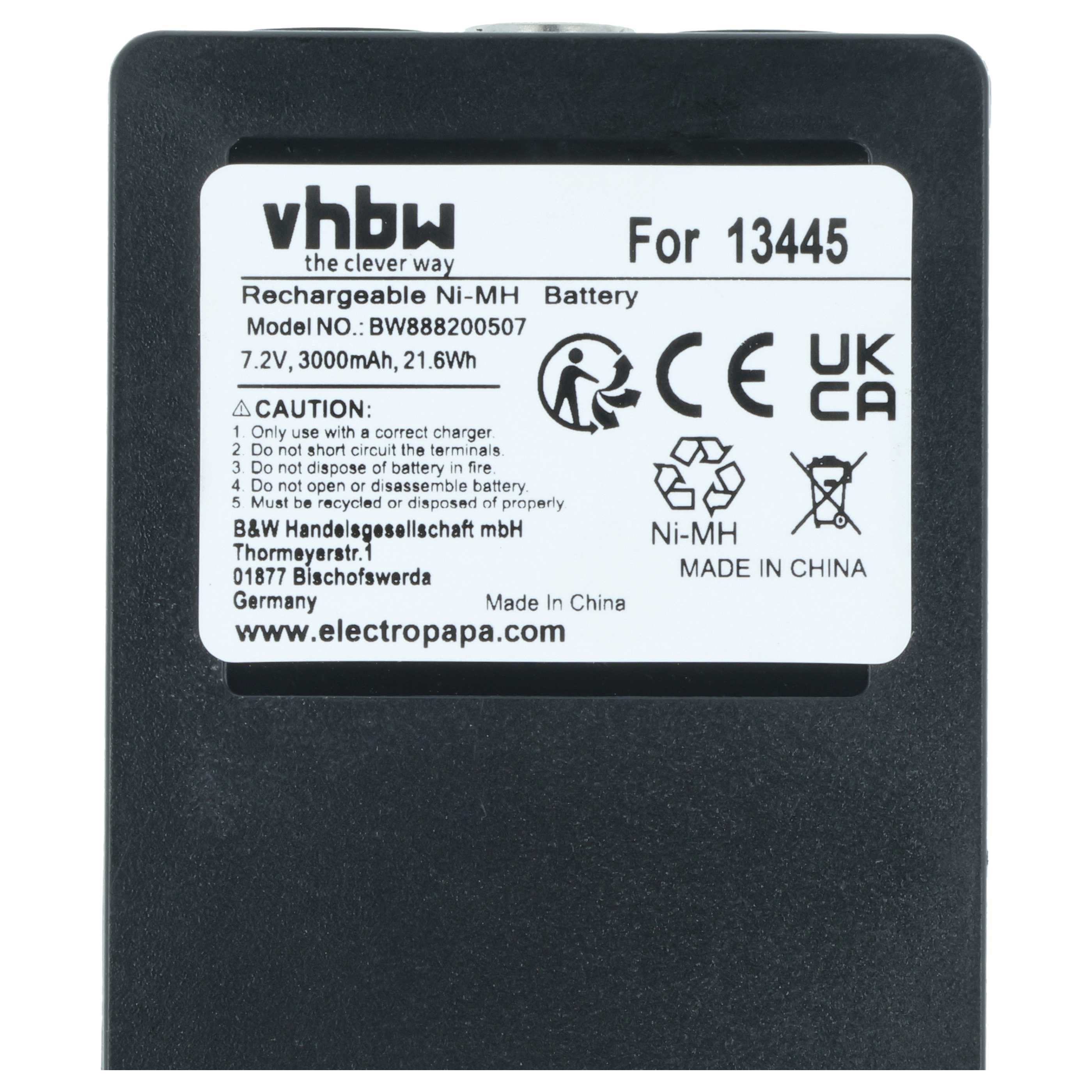 Schwarzer Akku mit weißem Etikett, VHBW, 7,2V, 3000mAh, Made in China.