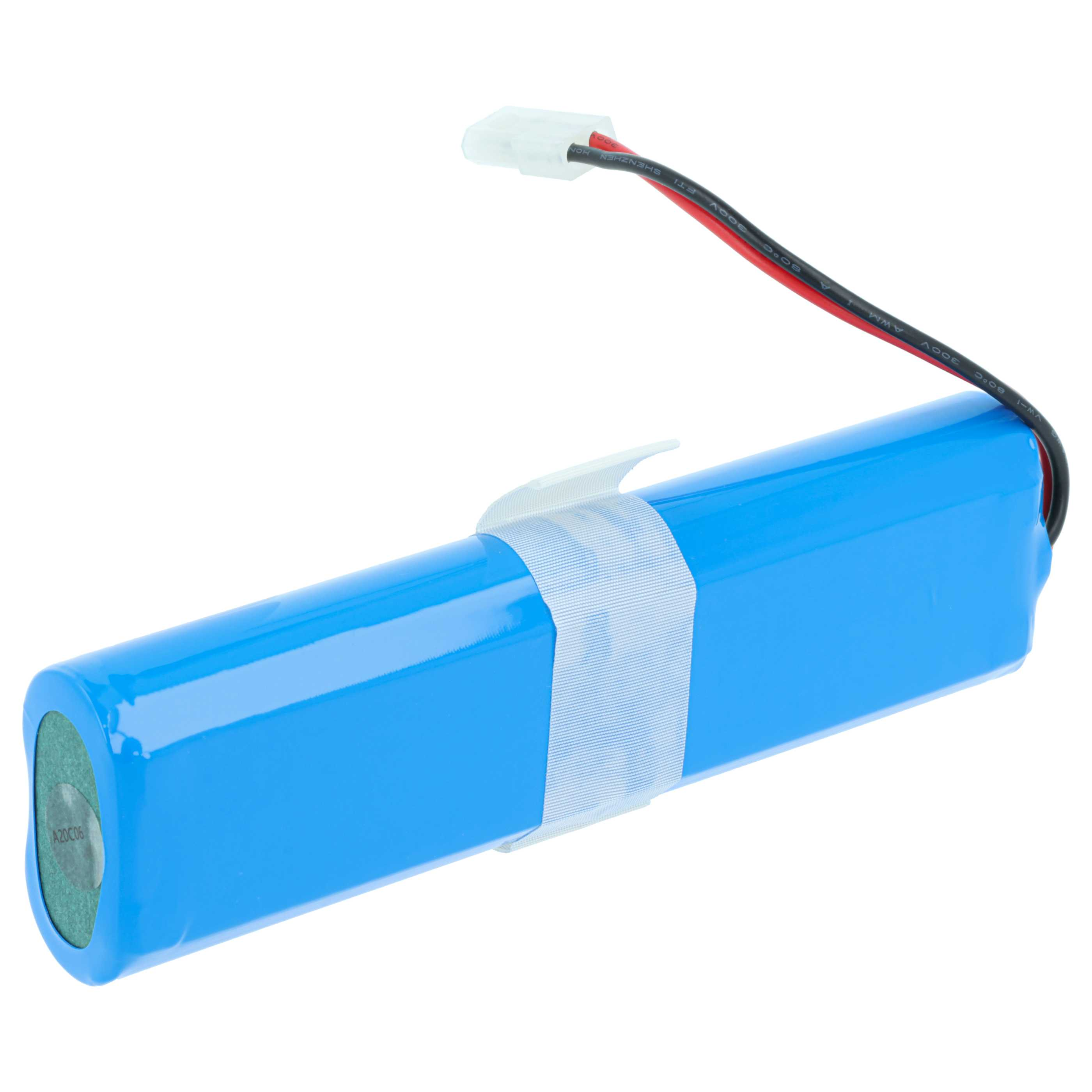 Blauer Akku mit Kabel und Stecker, auf weißem Hintergrund.