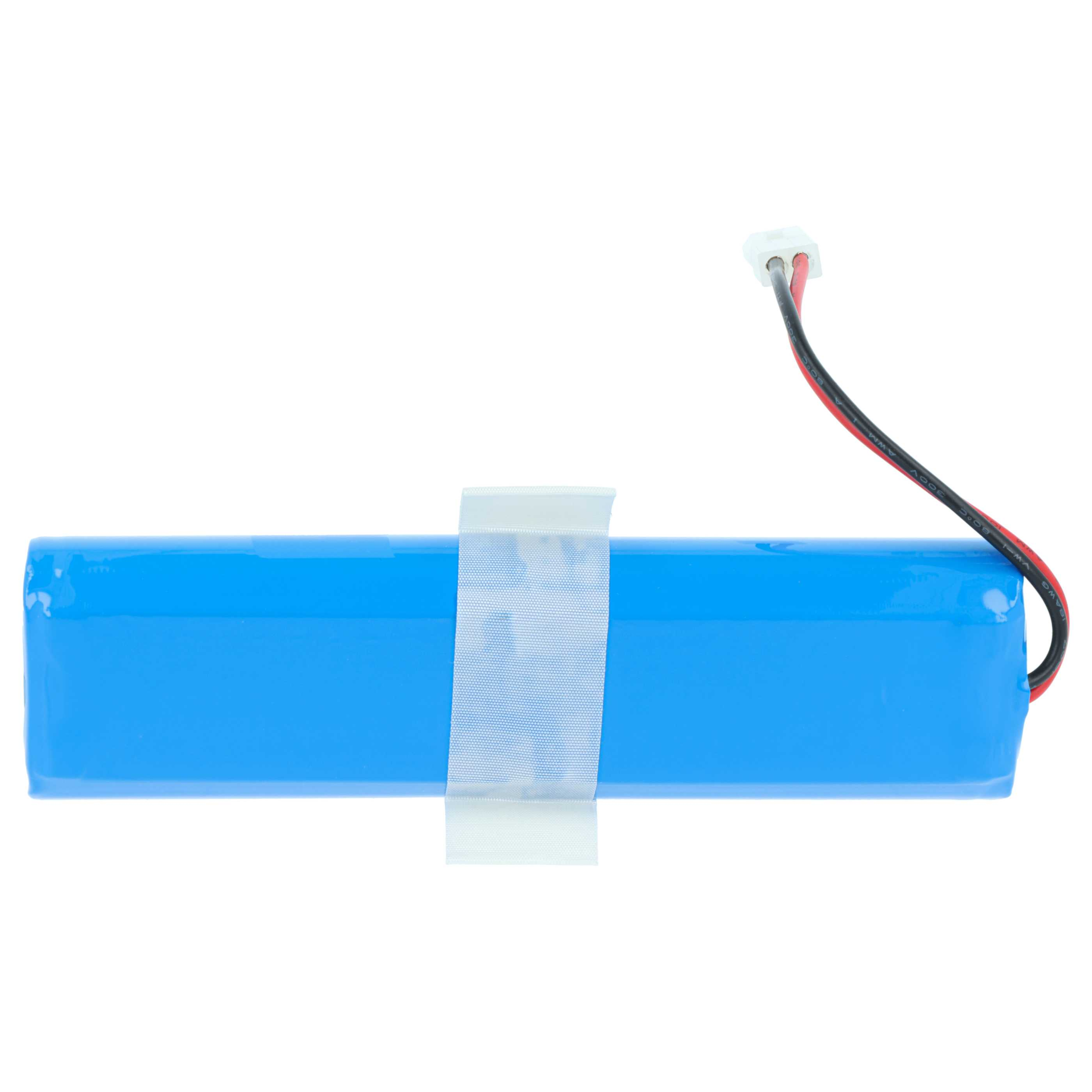 Eine blaue Batteriepackung mit weißem Klebeband und Kabeln.