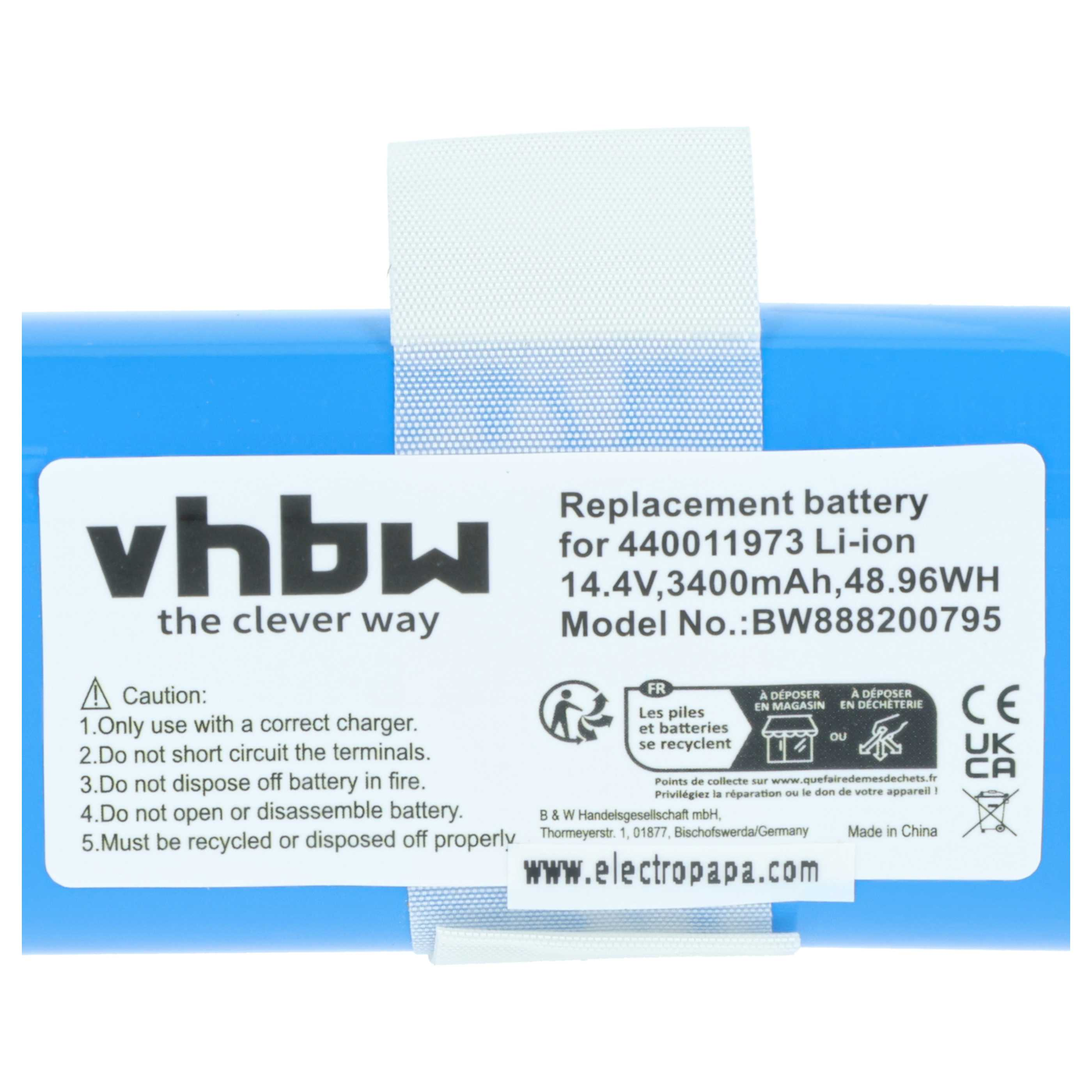 Blaue Batterie mit weißem Aufkleber: vhbw, Ersatzakku für 440011973 Li-ion, 14.4V.