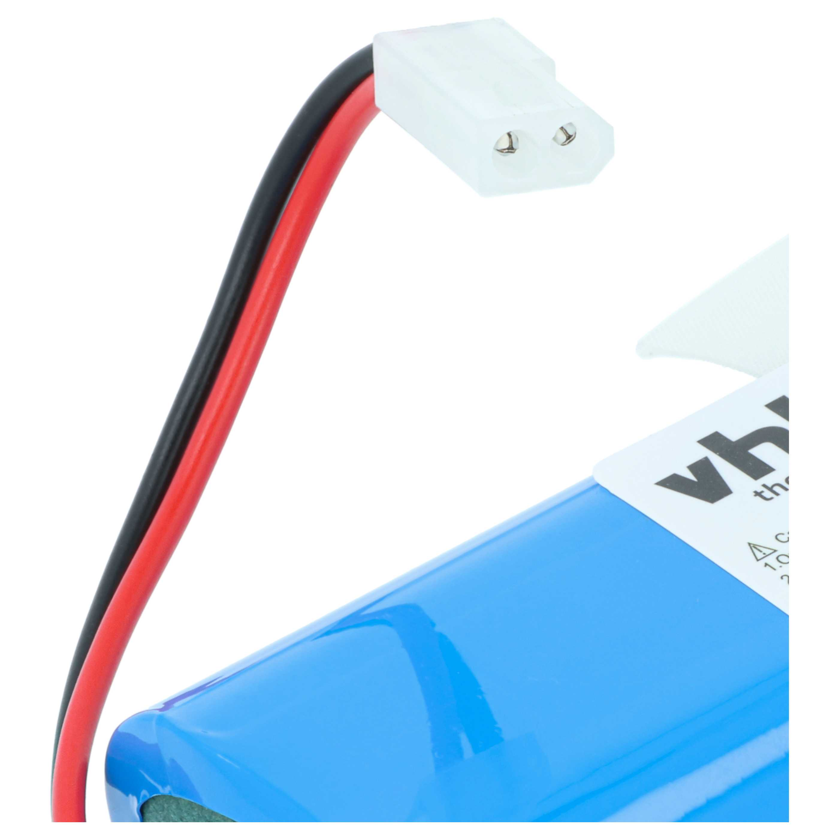 Blauer Akku mit schwarzem und rotem Kabel und weißem Stecker.