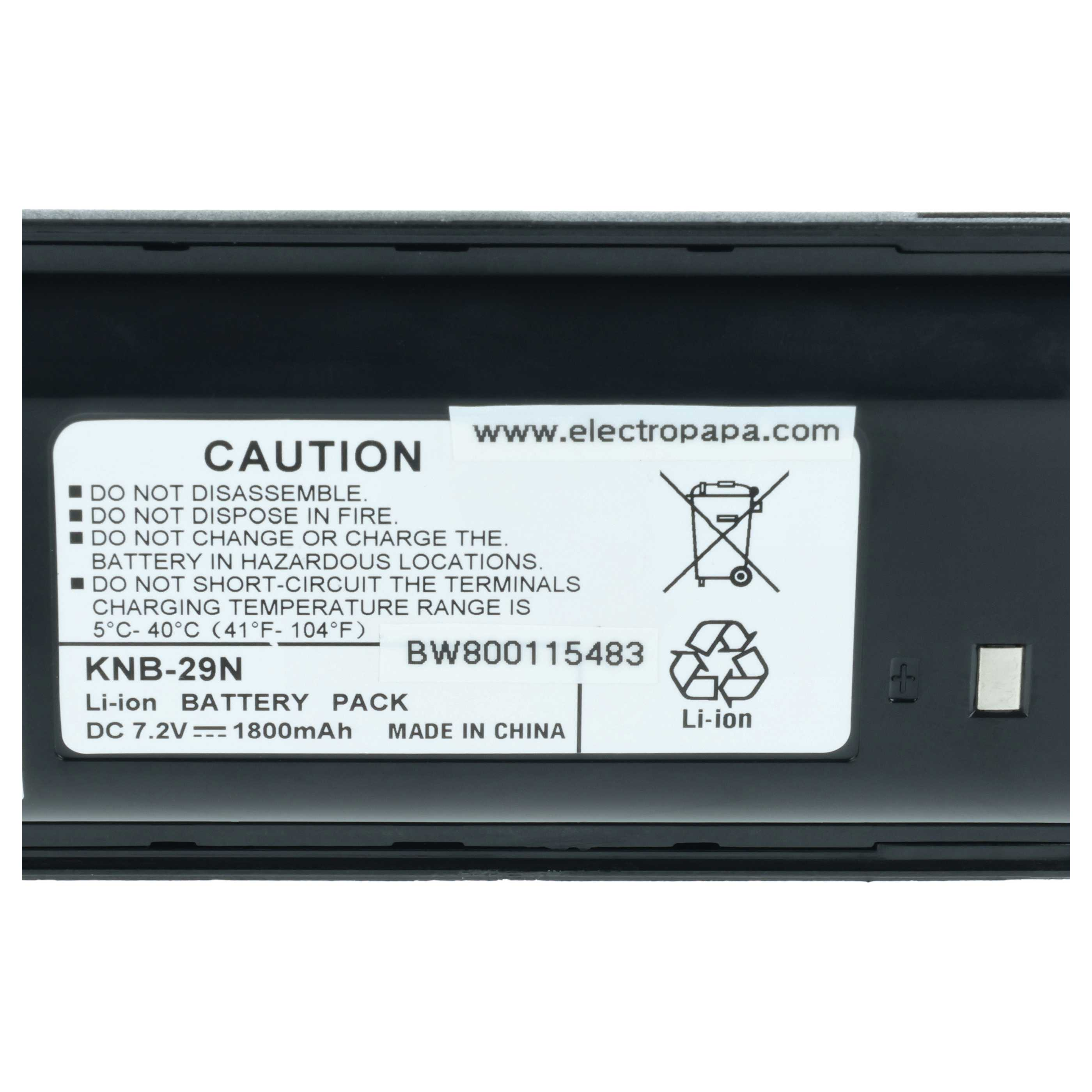 KNB-29N Li-ion Akku mit Warnhinweisen und Spezifikationen.