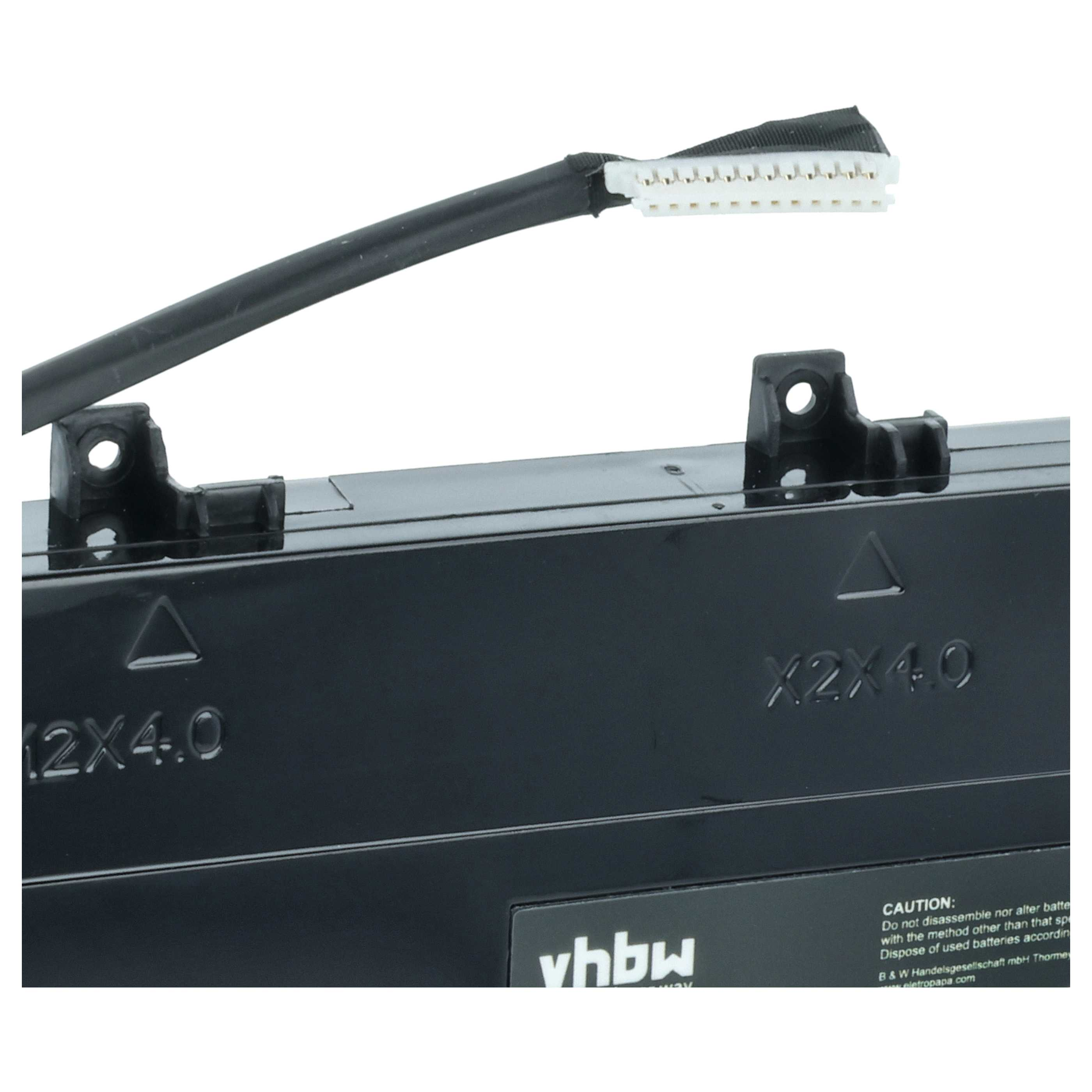 Ein schwarzer Akku mit einem weißen Stecker und Kabel. Beschriftung mit '12x4.0'.