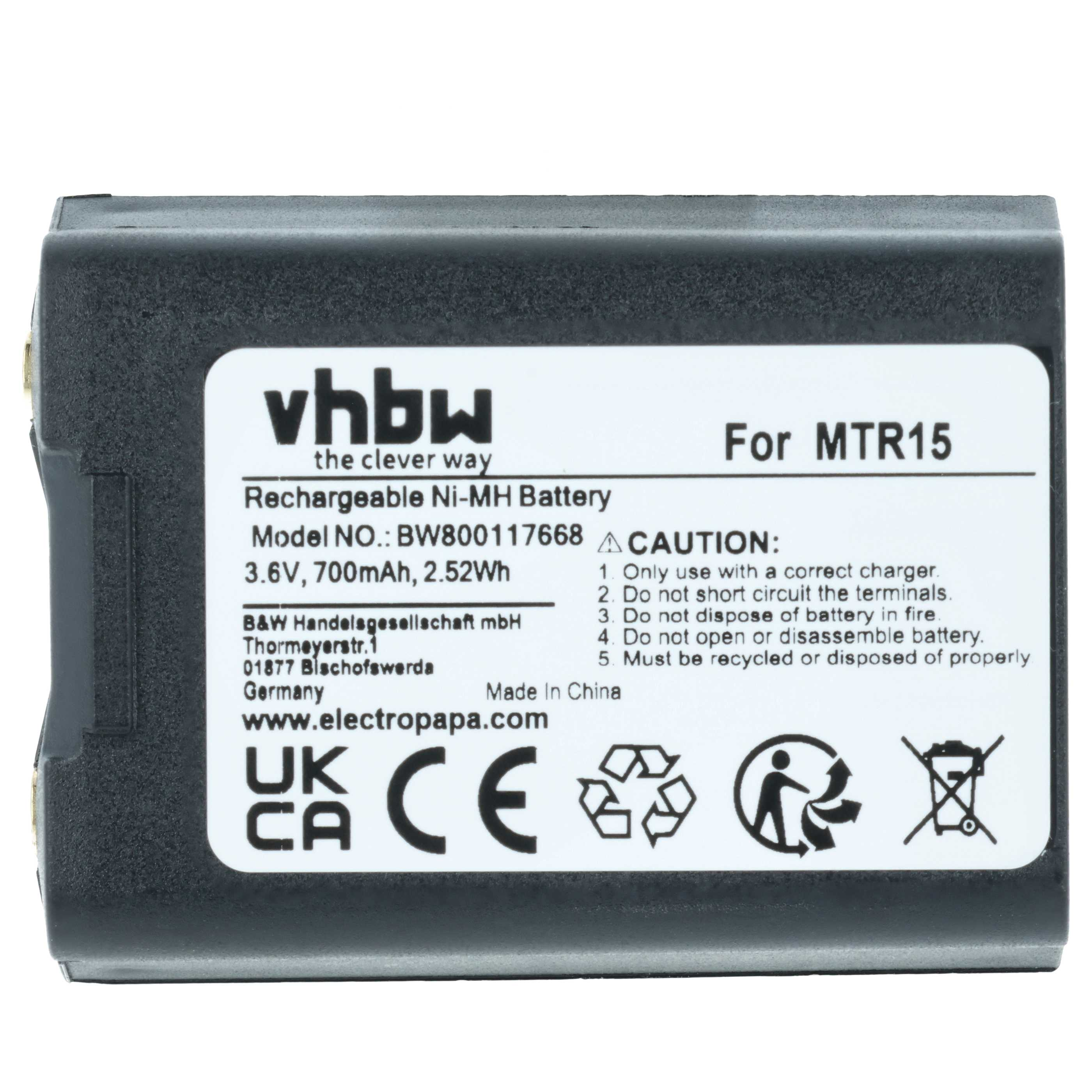 Ein schwarzer Akku für MTR15 mit VHBW-Logo, 3.6V, 700mAh.