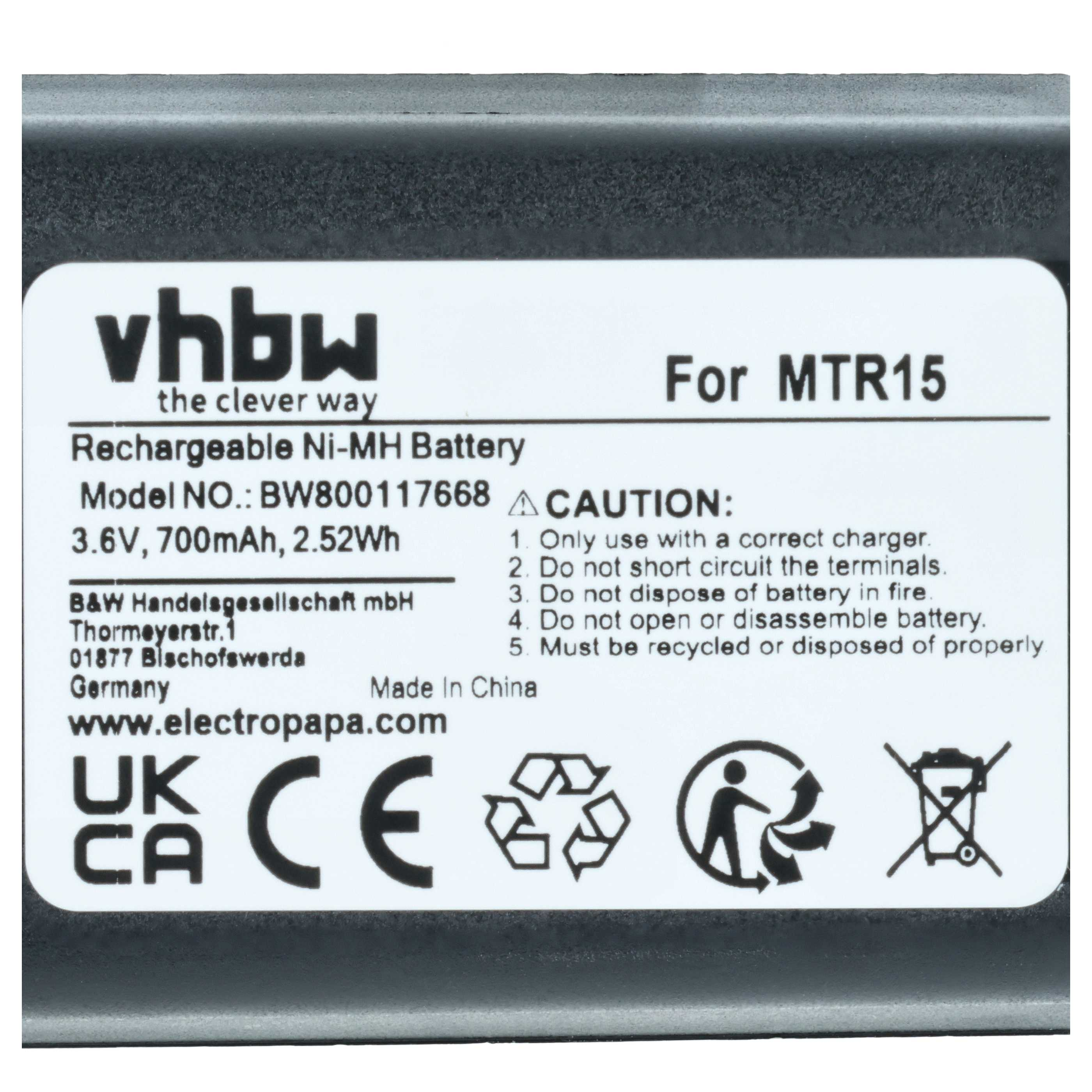 vhbw Ni-MH Akku, 3.6V, 700mAh, für MTR15, mit Warnhinweisen.