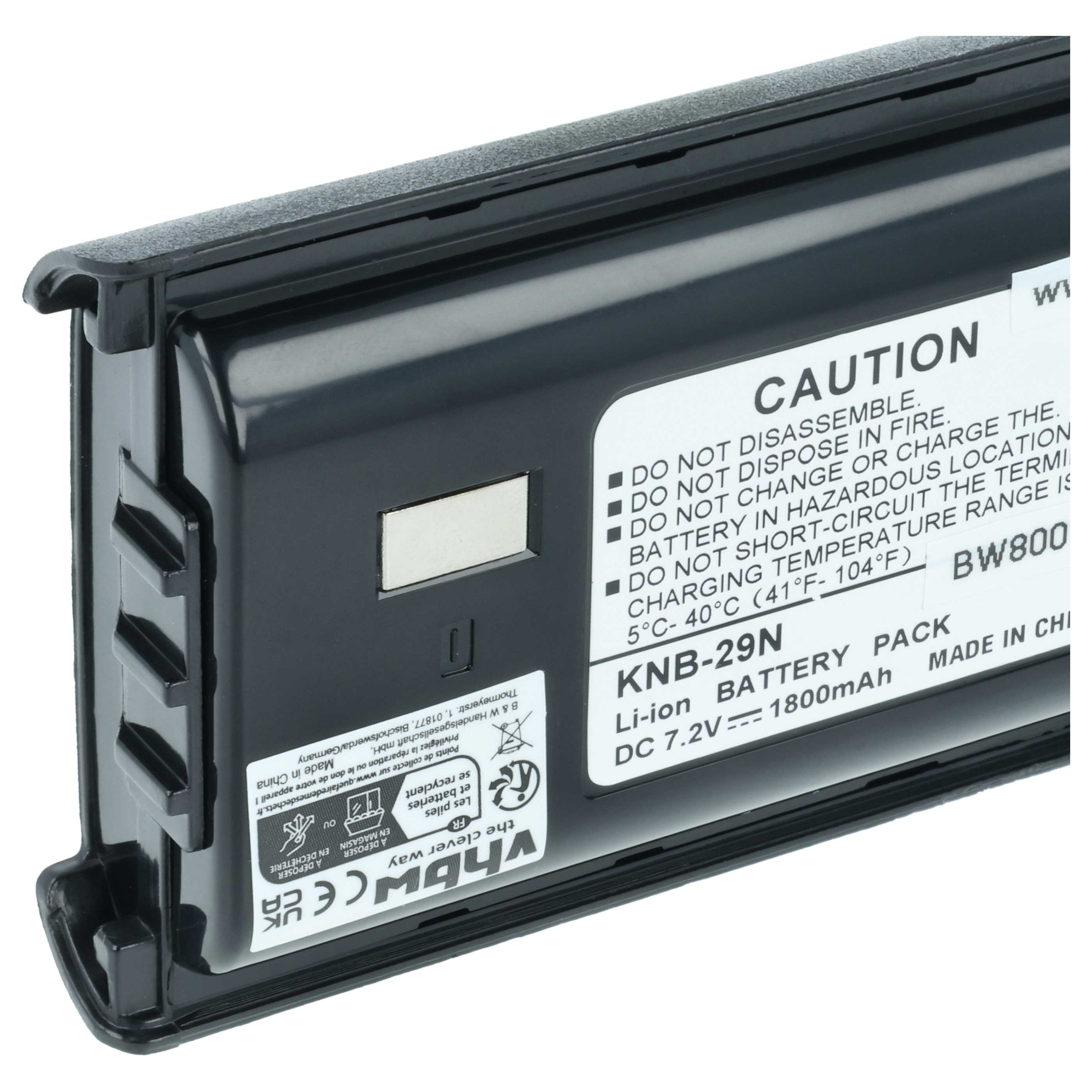 Ein schwarzer Li-Ion Akku KNB-29N BW800 1800mAh mit Warnhinweisen.