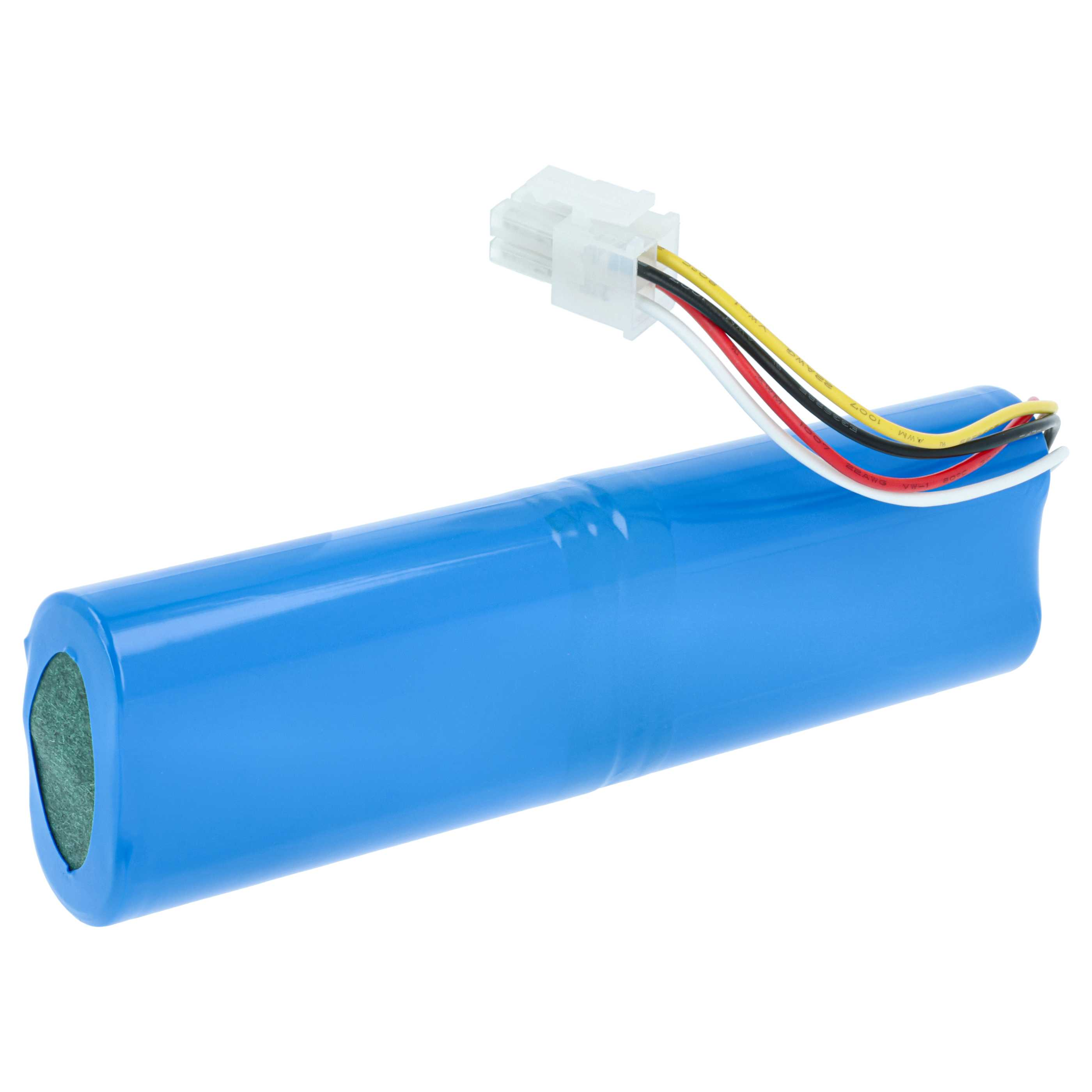 Eine blaue Batterie mit einem weißen Anschluss und bunten Kabeln.