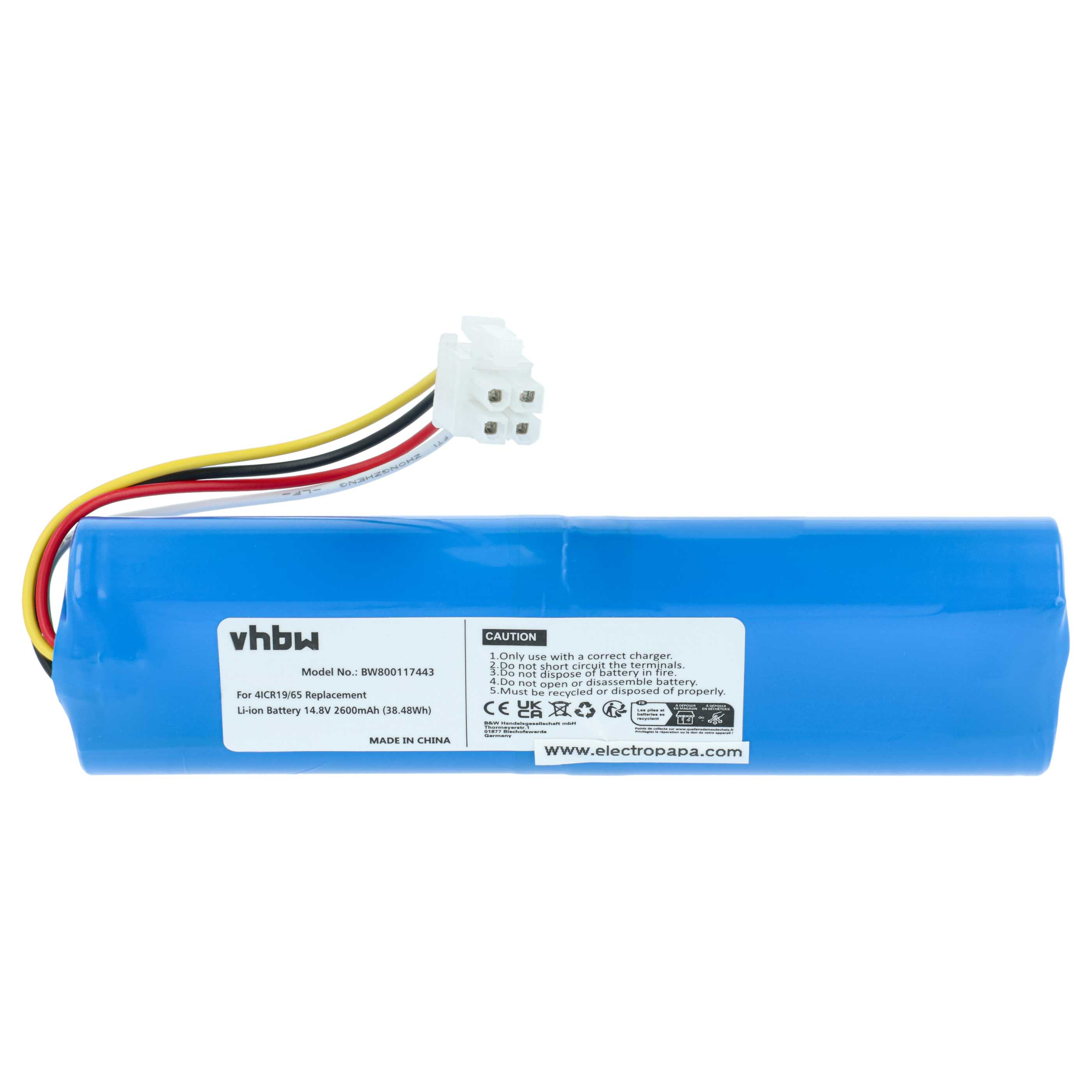 Eine blaue Li-Ion-Batterie mit Kabeln und einem weißen Stecker, Modellnummer und Warnhinweisen.