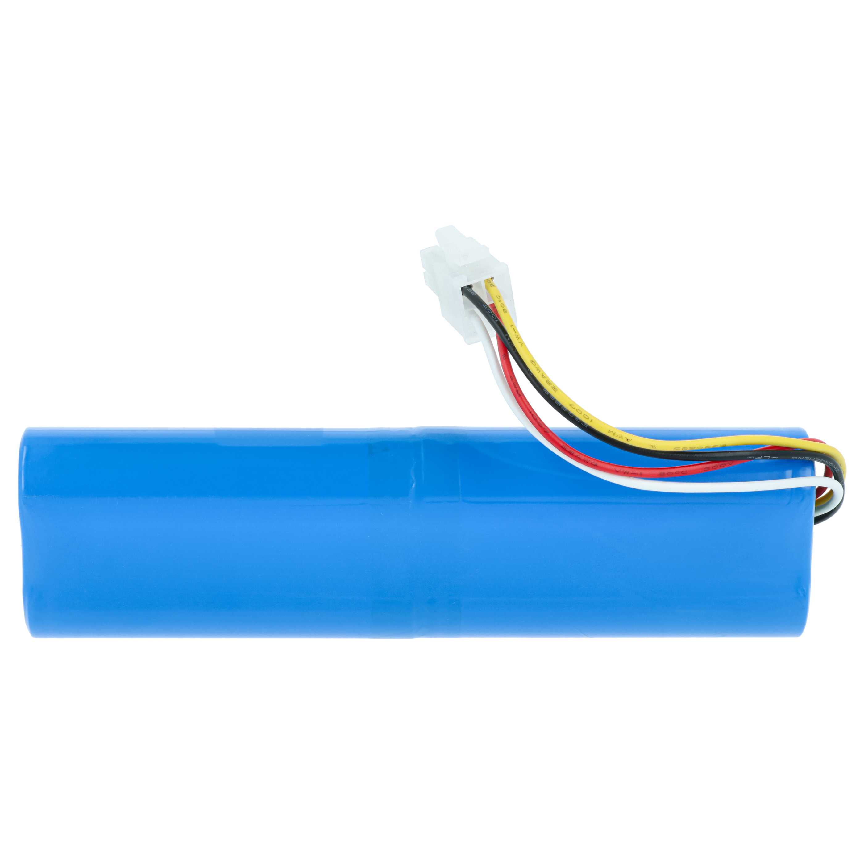 Ein blaues Akkupack mit vier Kabeln (rot, gelb, schwarz, weiß) und einem weißen Stecker.