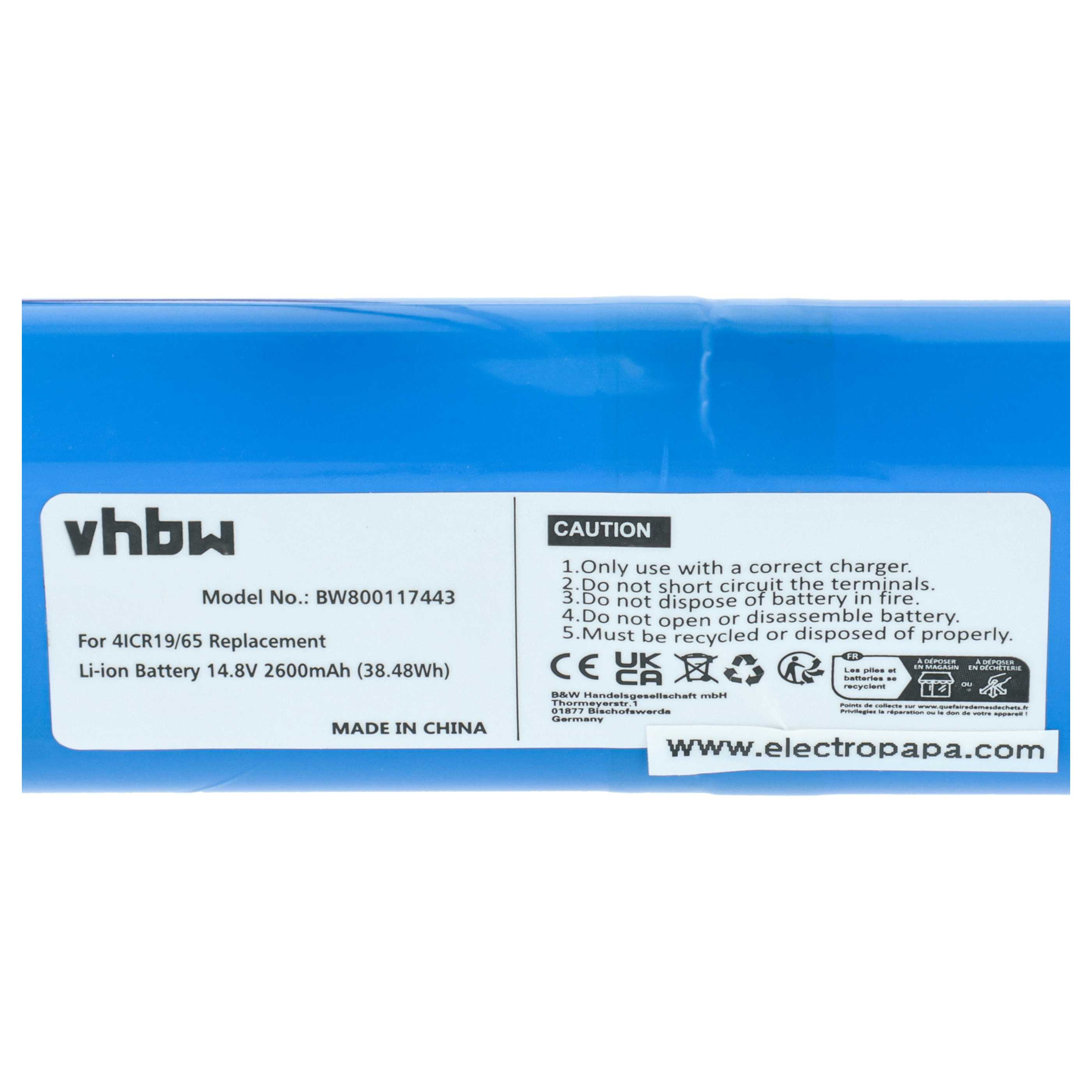vhbw Li-Ion Akku 14.8V 2600mAh, Modell BW800117443, Made in China.