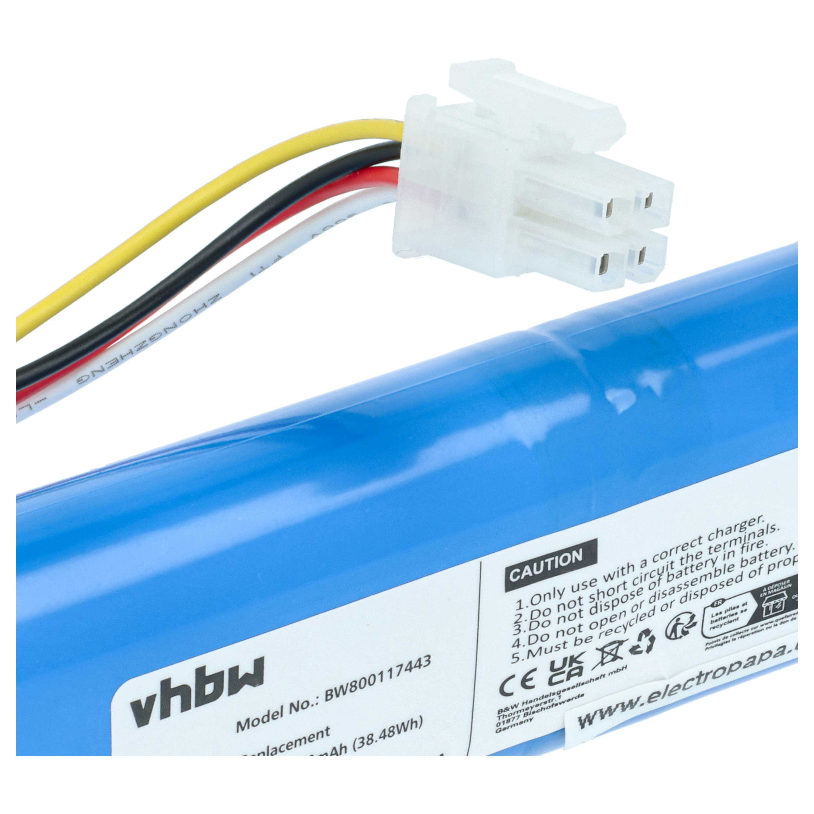 Ein blaues Akkupack mit Kabeln und Stecker, mit Warnhinweisen.
