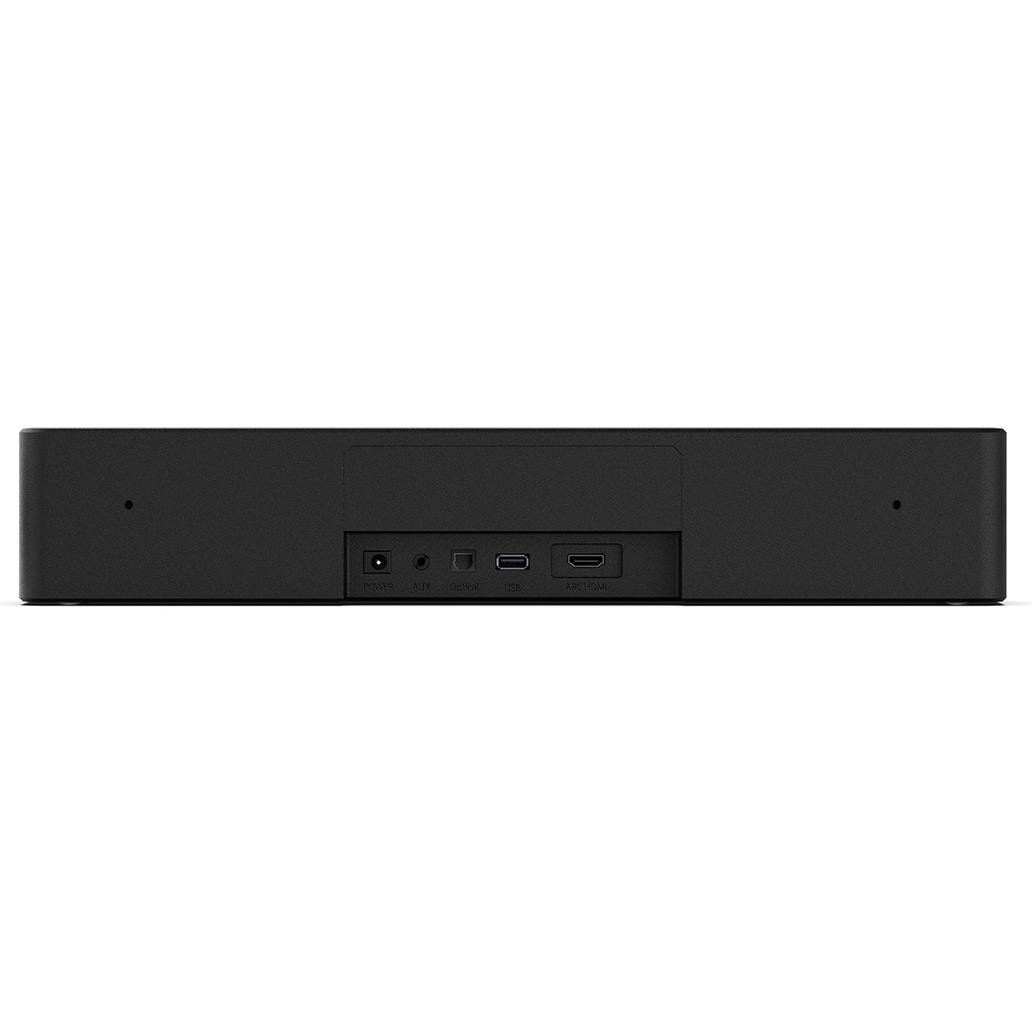 Schwarzer Soundbar mit Anschlüssen: Strom, Aux, Digital, USB, ARC HDMI.