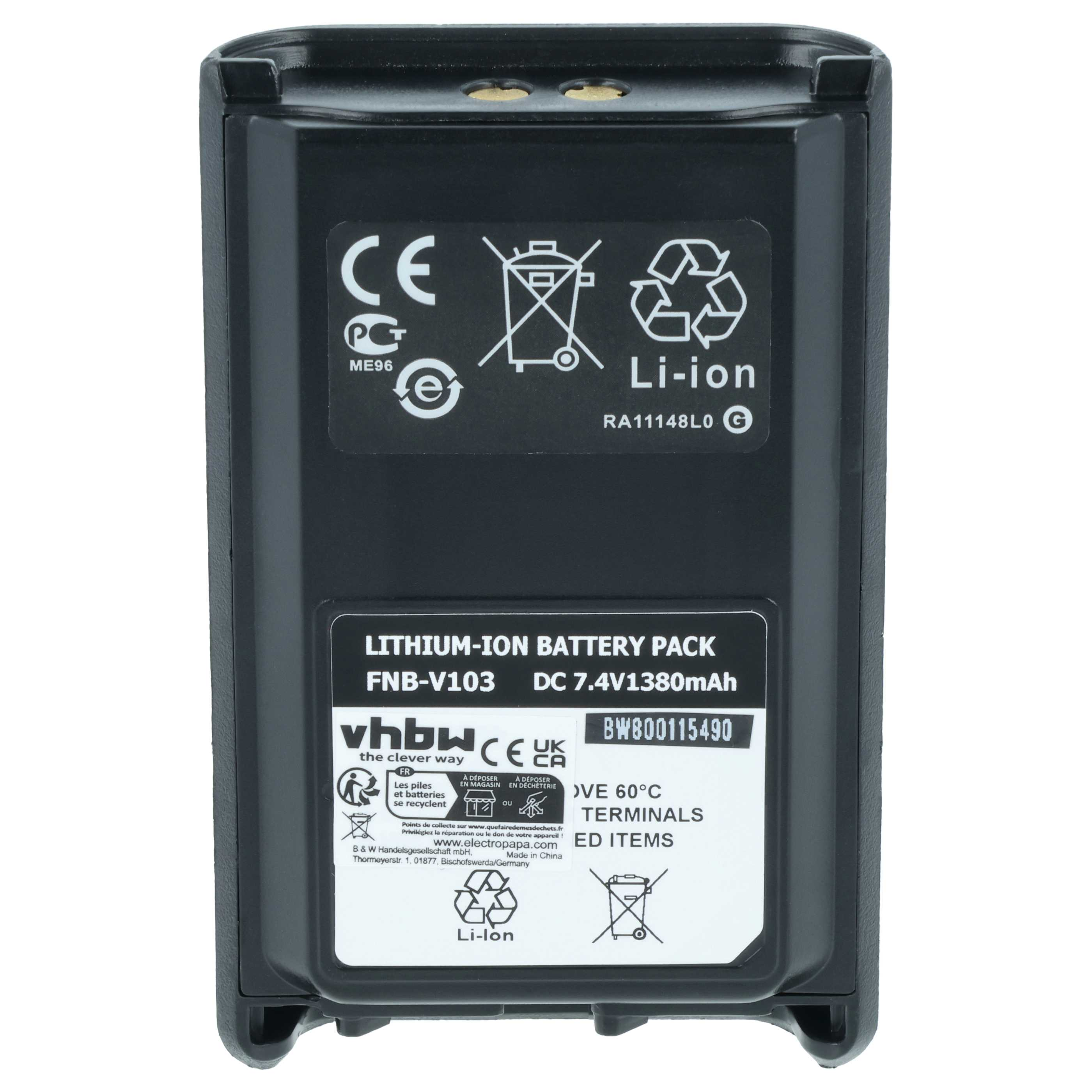 Schwarzer Lithium-Ionen-Akku FNB-V103 mit 7,4 V, 1380 mAh und CE-Kennzeichnung.