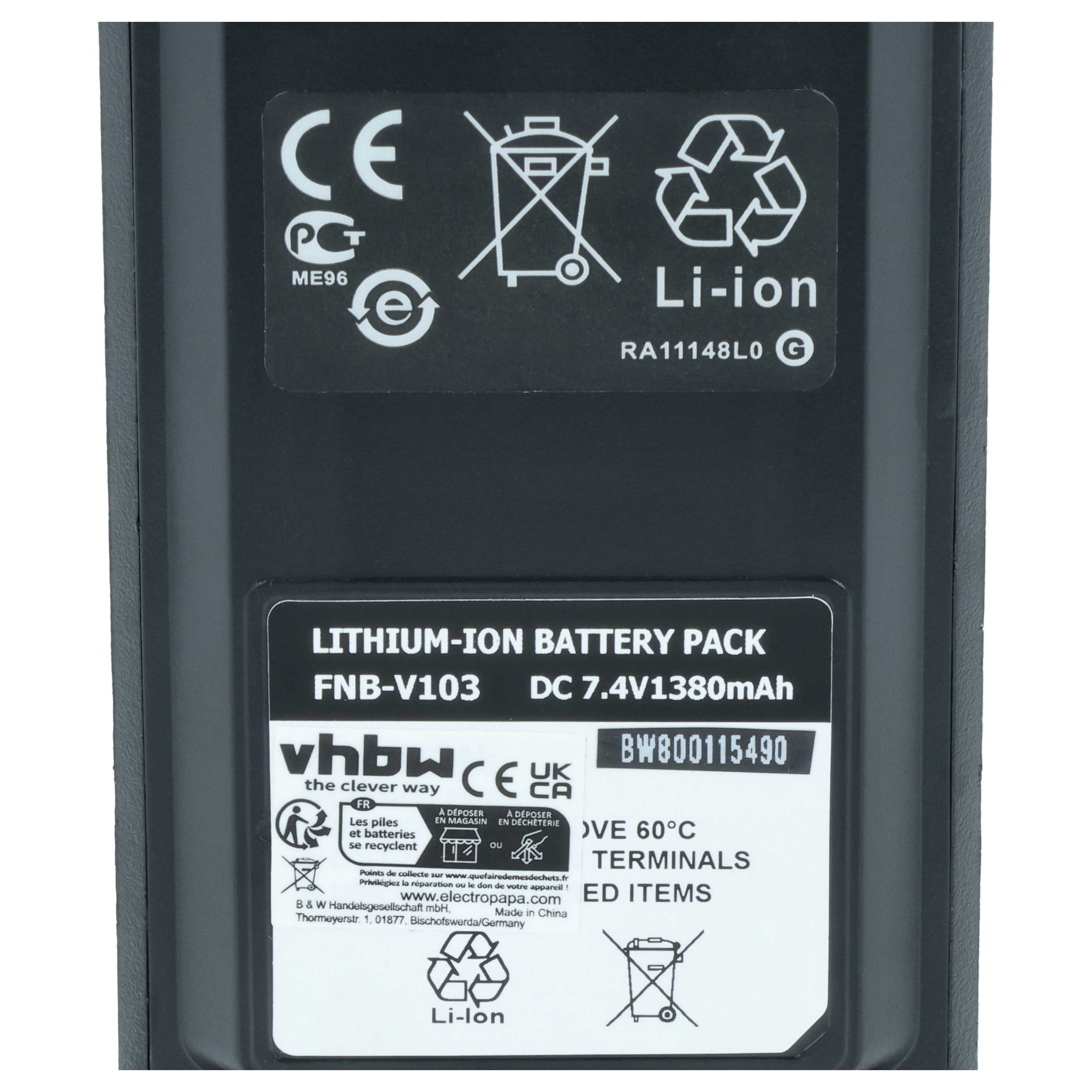 Ein Lithium-Ionen-Akku mit CE- und Recycling-Symbolen.