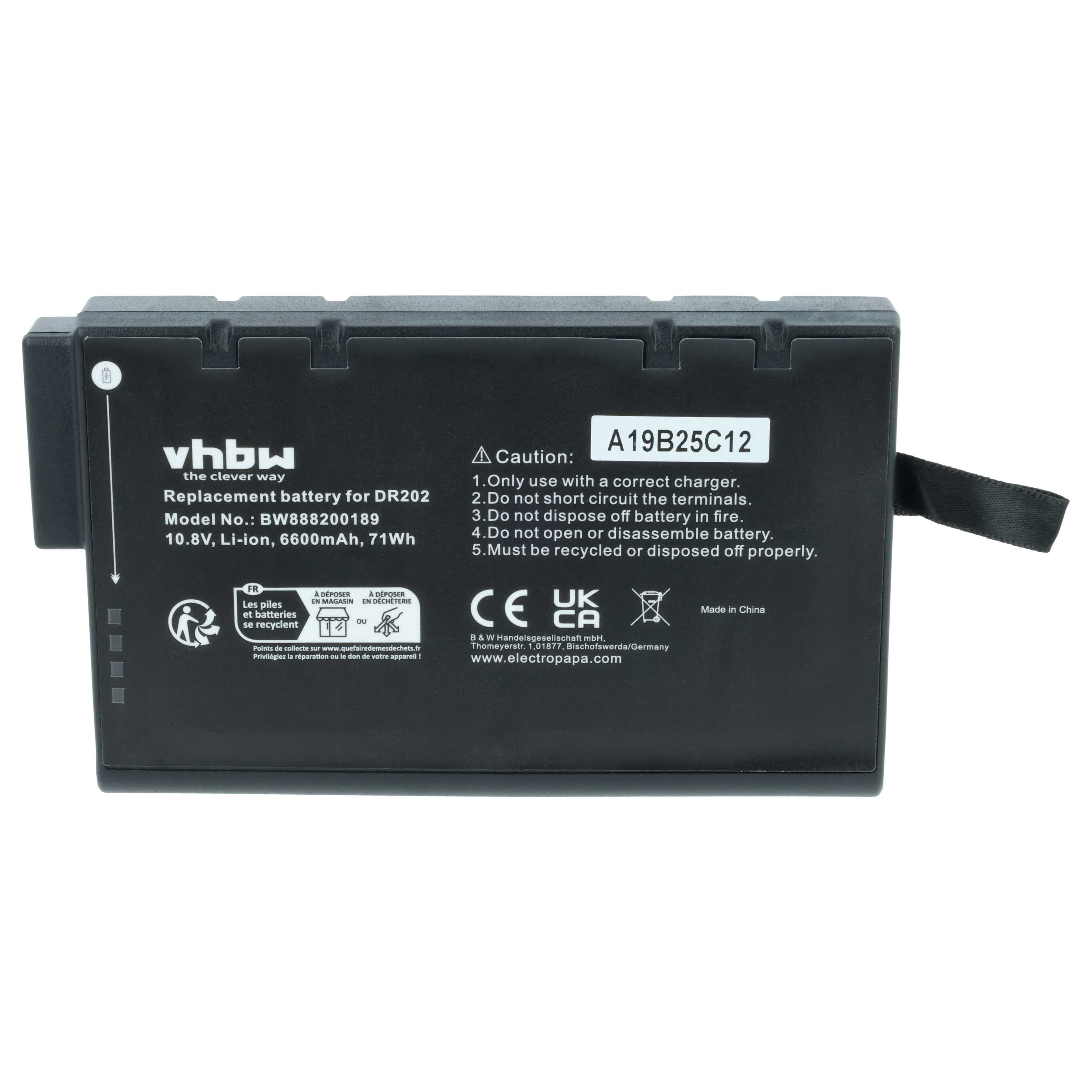 Schwarzer Akku für DR202, 10,8V Li-Ion, 6600mAh, mit Warnhinweisen.