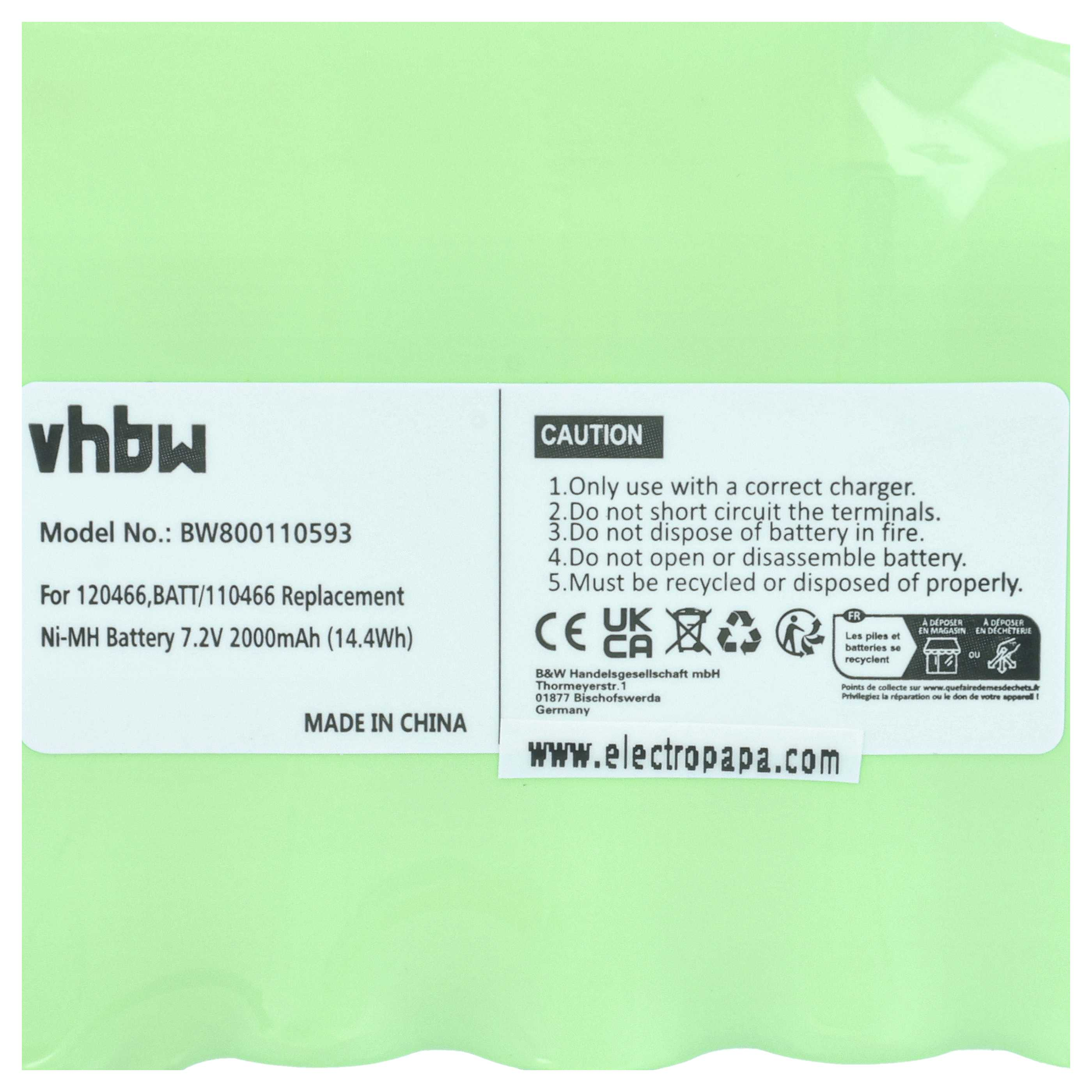 vhbw Ni-MH Akku, 7,2V 2000mAh, Modell BW800110593, Made in China.