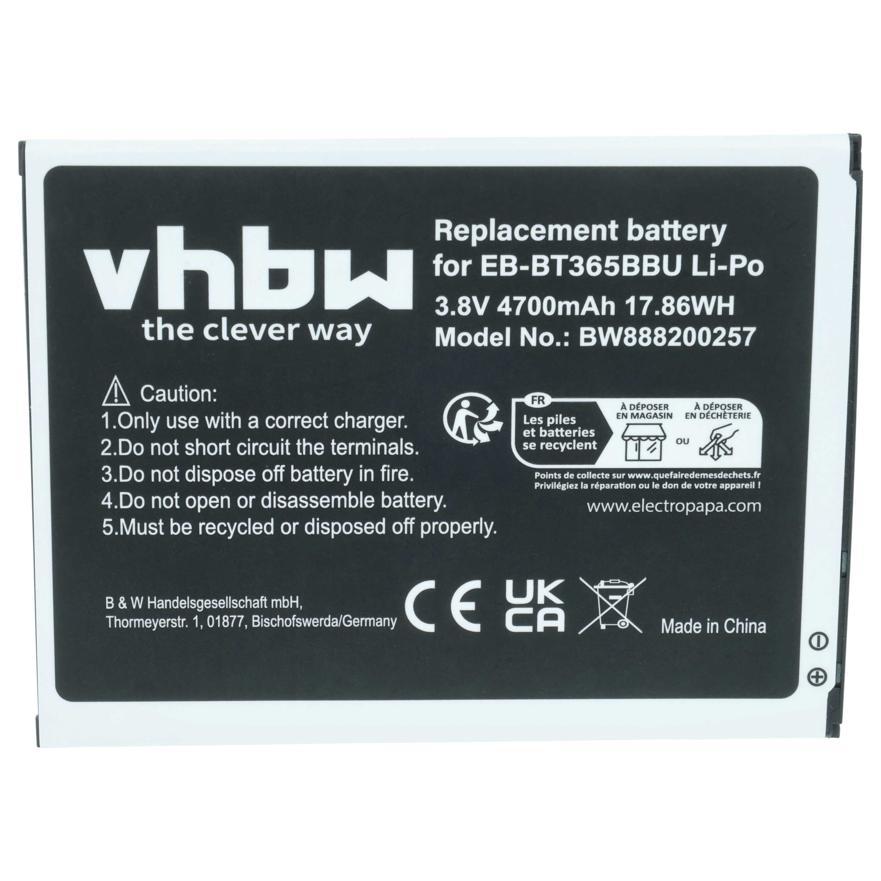 vhbw Ersatzakku für EB-BT365BBU Li-Po, 3.8V 4700mAh. Made in China.