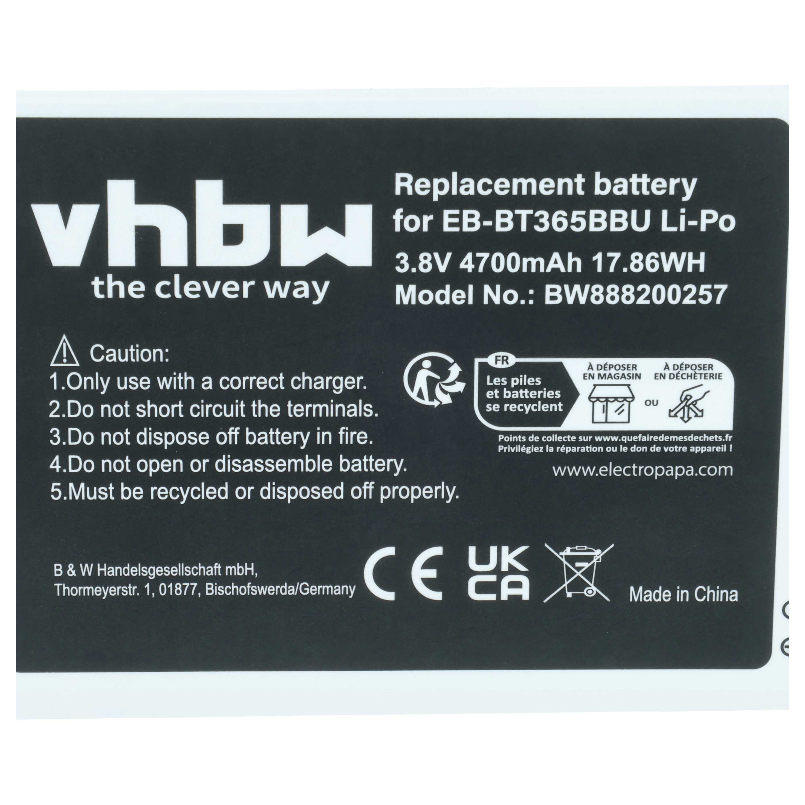 Ersatzakku für EB-BT365BBU Li-Po, 3.8V 4700mAh. Enthält Warnhinweise.