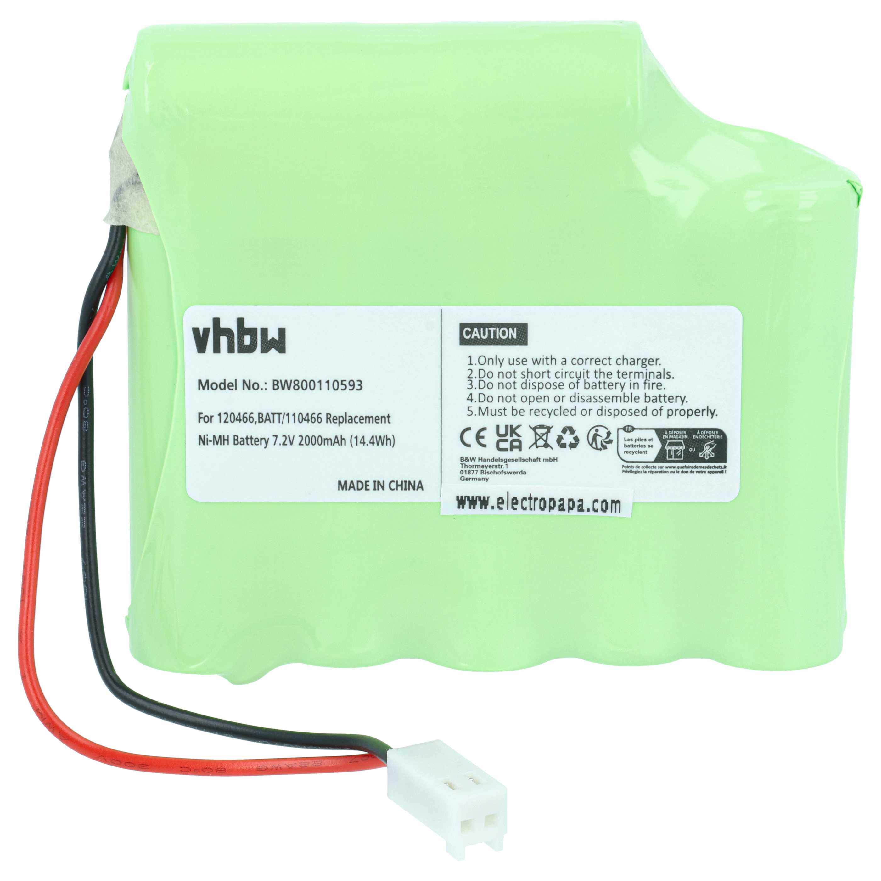 Ein grüner Ni-MH Akku mit schwarzen und roten Kabeln und einem weißen Stecker.