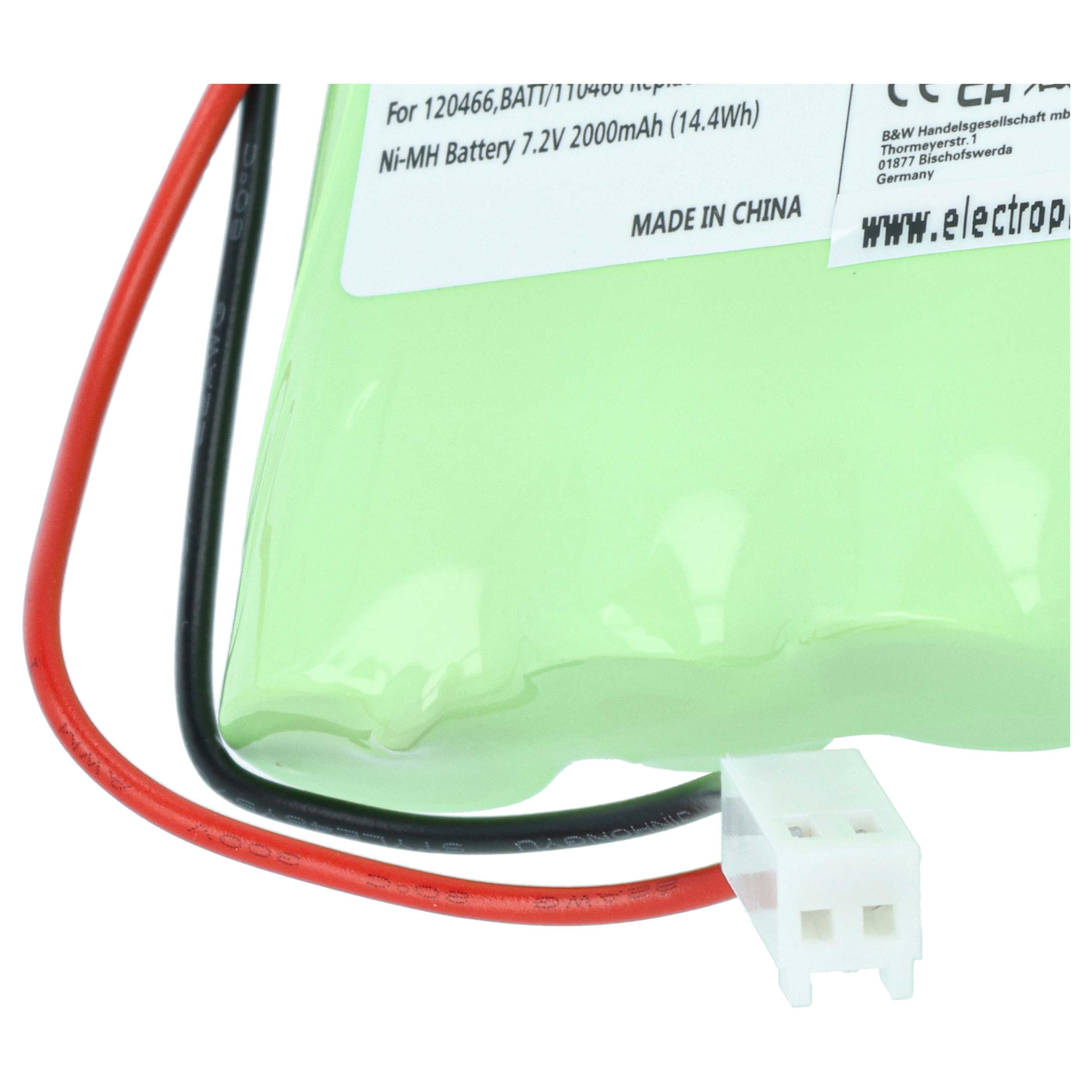 Ni-MH-Akku, 7,2V, 2000mAh, mit roten und schwarzen Kabeln.