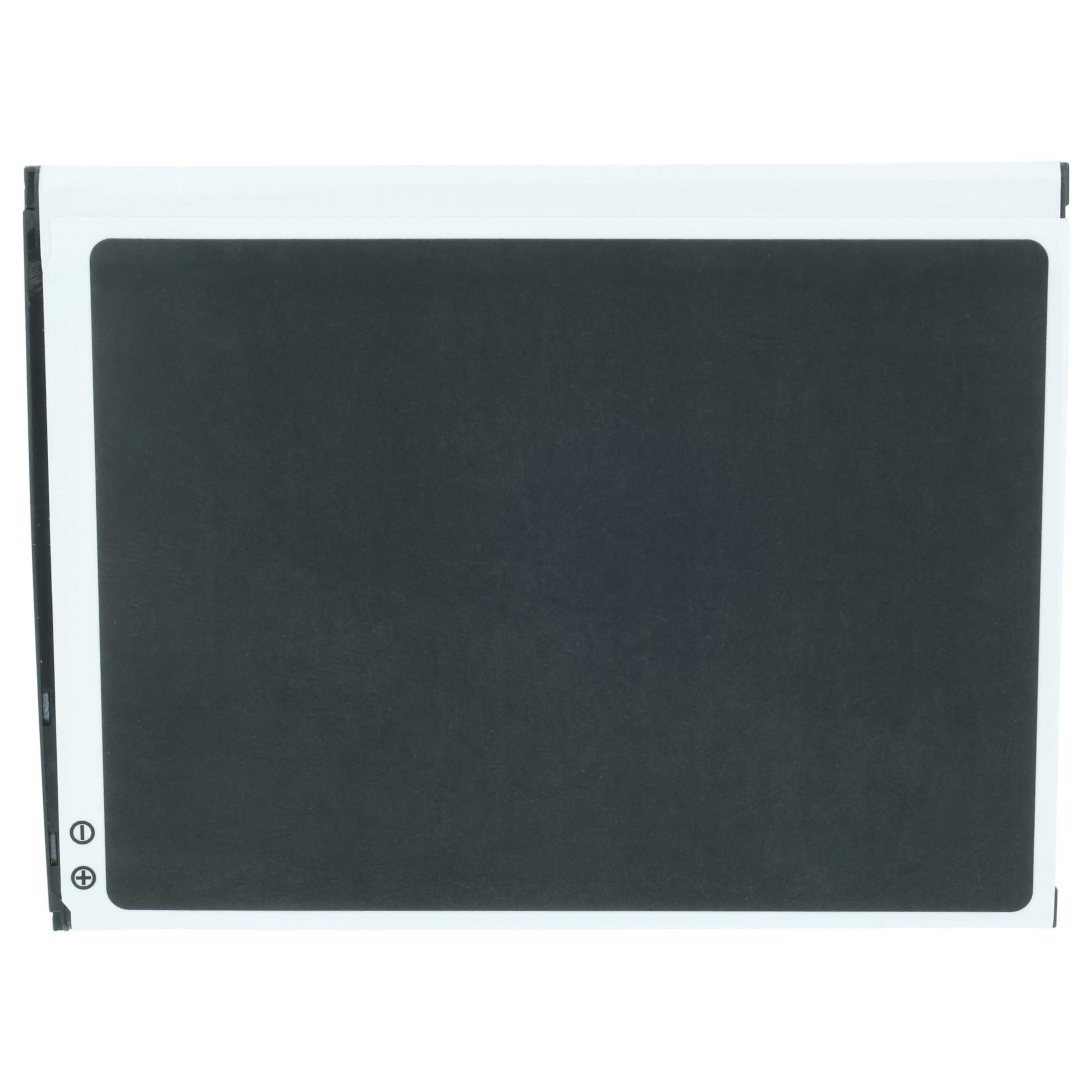 Eine schwarze rechteckige Batterie mit weißem Rand und Symbolen.